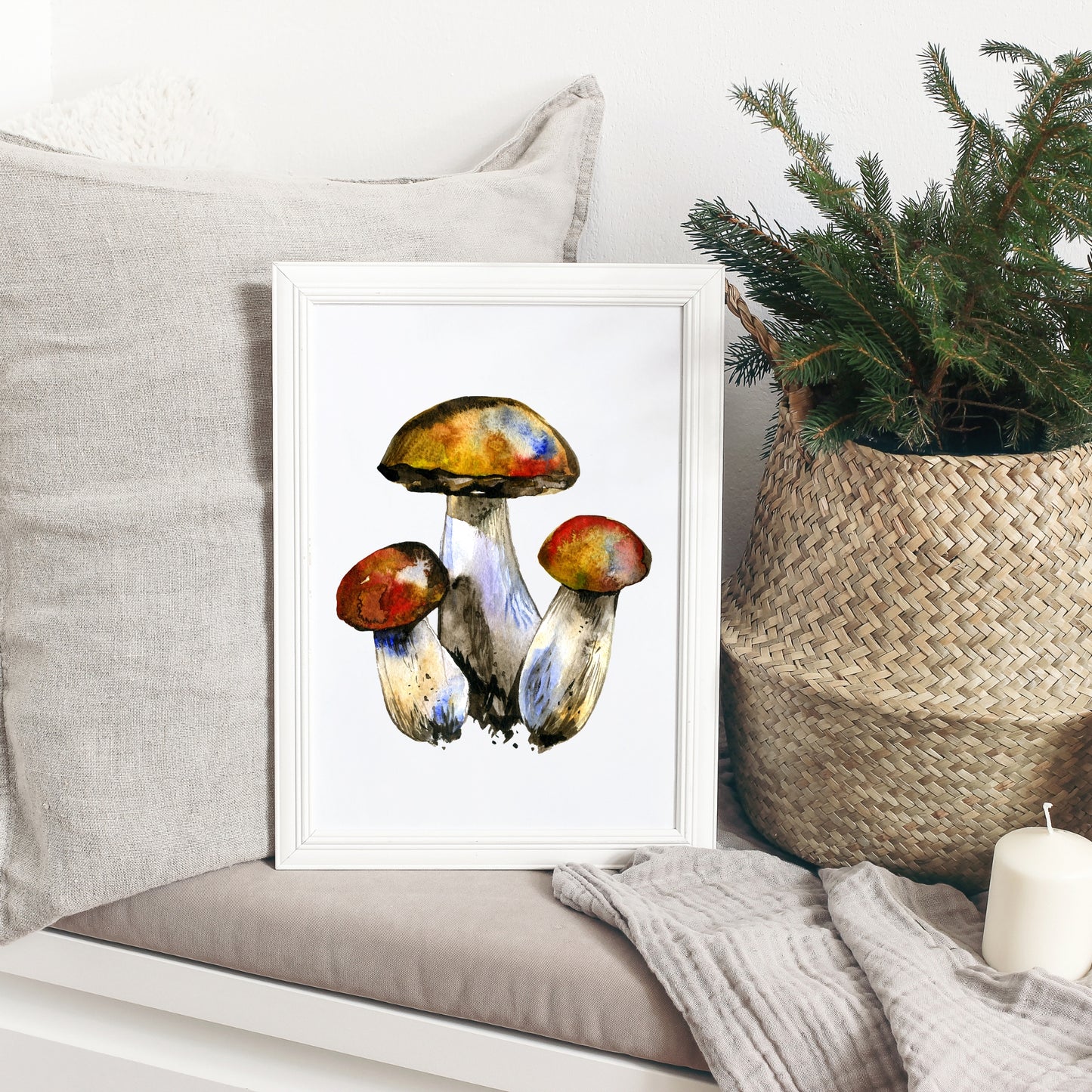 Leccinum Mushrooms Watercolor Fine Art Print displayed in a cozy setting, showcasing vibrant colors and intricate details.