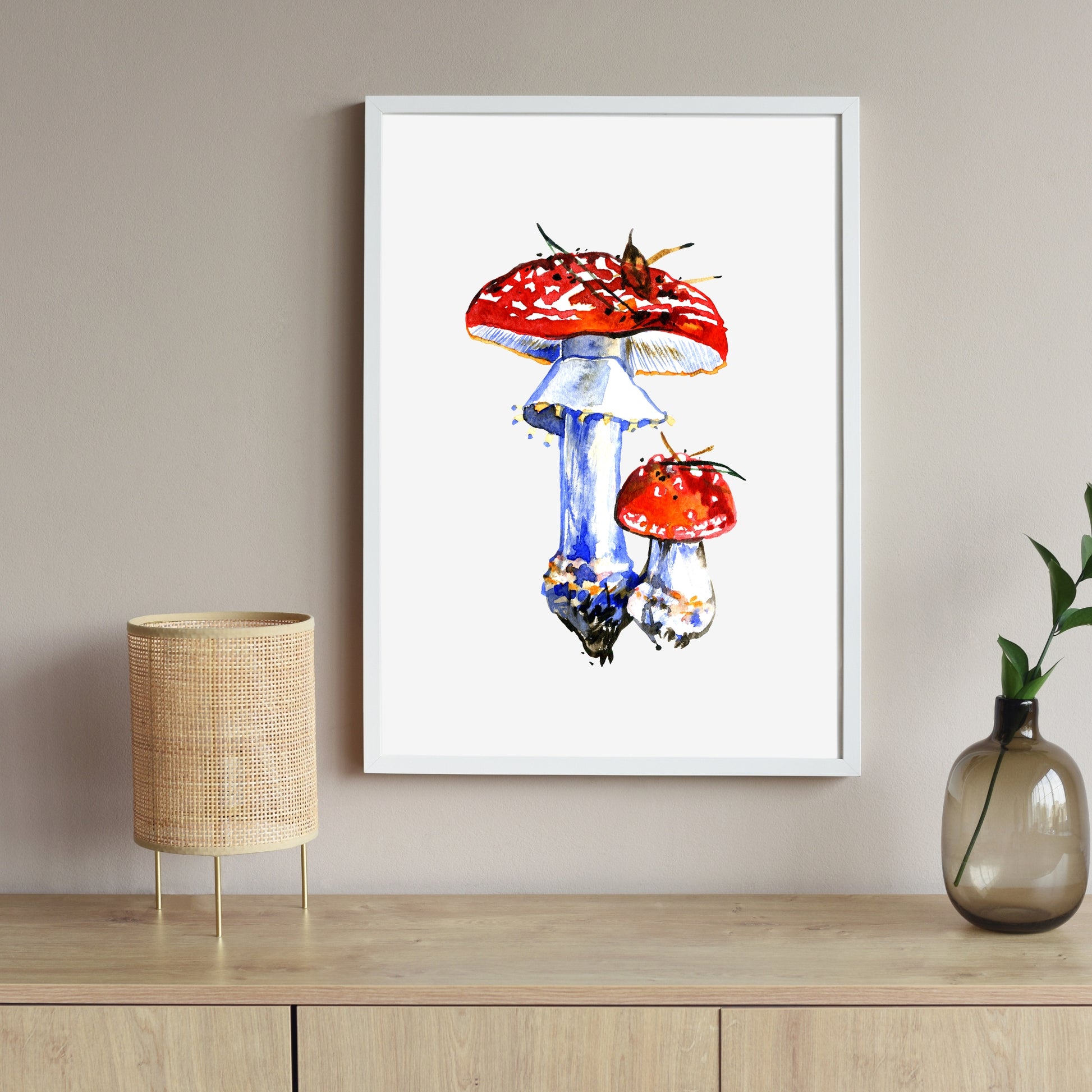 Fly Agaric Mushrooms Watercolor Fine Art Print showcasing vibrant colors on textured cotton paper, perfect for art lovers.