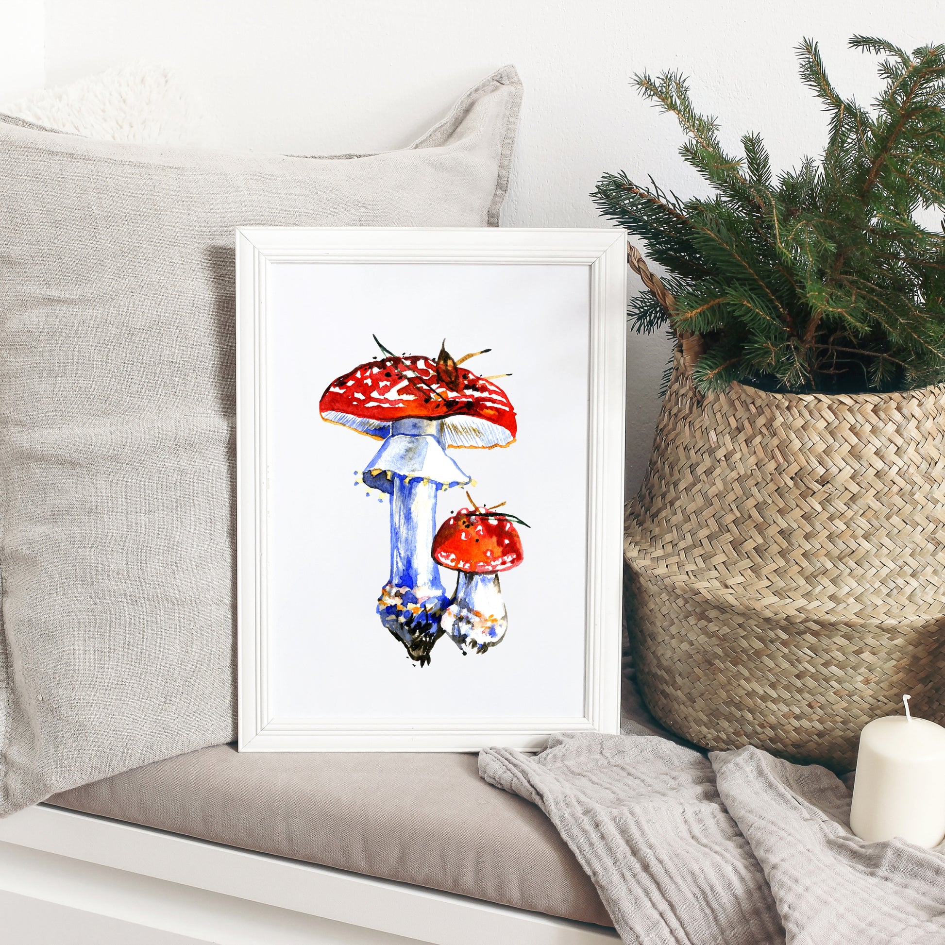 Fly Agaric Mushrooms Watercolor Fine Art Print displayed in a framed setting, showcasing vibrant colors and rich textures.