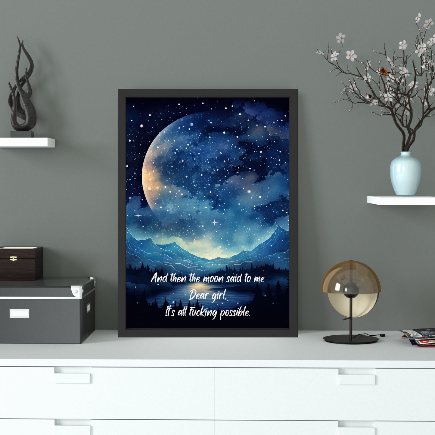 Moon Quote Fine Art Print featuring a starry night and inspiring quote, crafted on premium cotton watercolor paper.