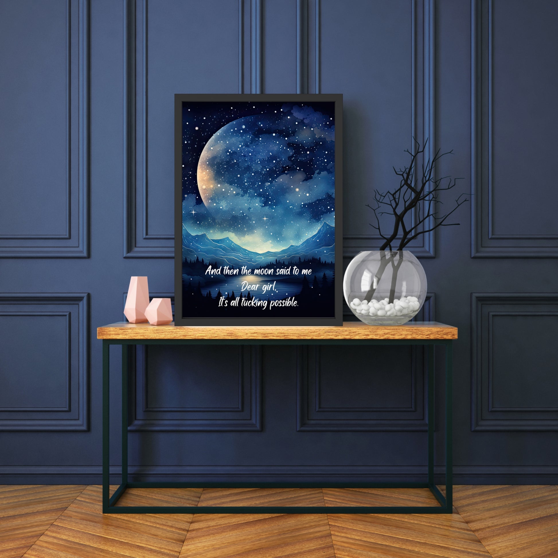 Moon Quote Fine Art Print featuring a night sky and inspiring quote, crafted on premium cotton watercolor paper.