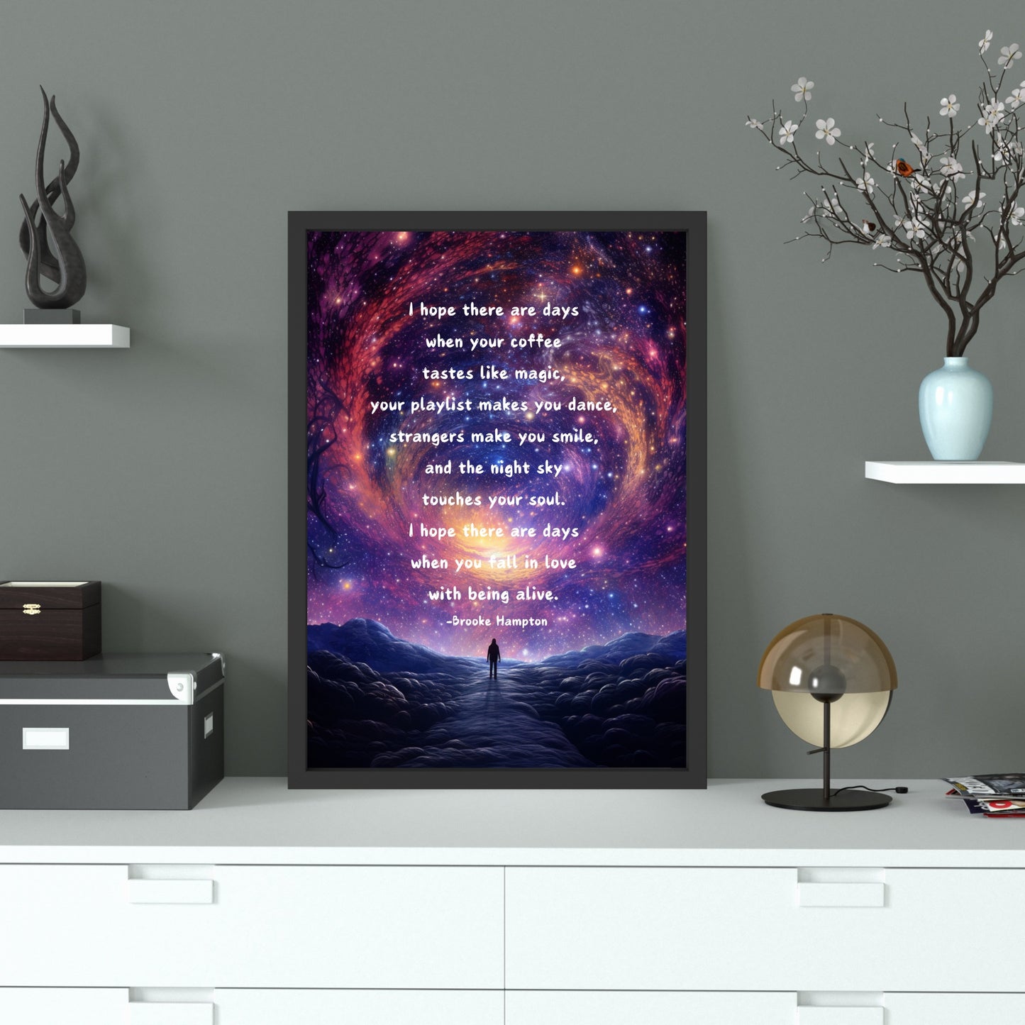 Night Sky Inspirational Quote Fine Art Print showcases a cosmic scene with an uplifting message of joy and positivity.