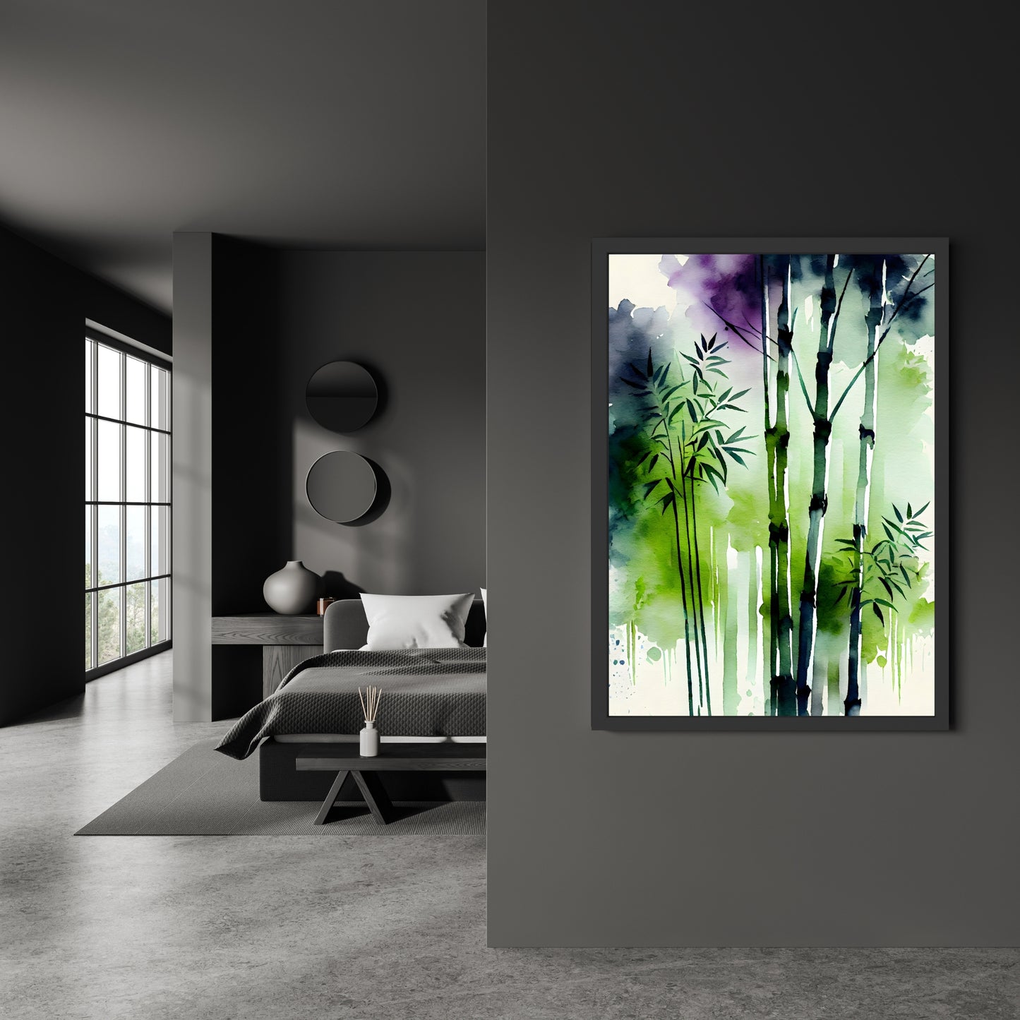 Vibrant Bamboo Forest 2 Watercolor Fine Art Print, showcasing lush greens, perfect for modern decor. Made in America.