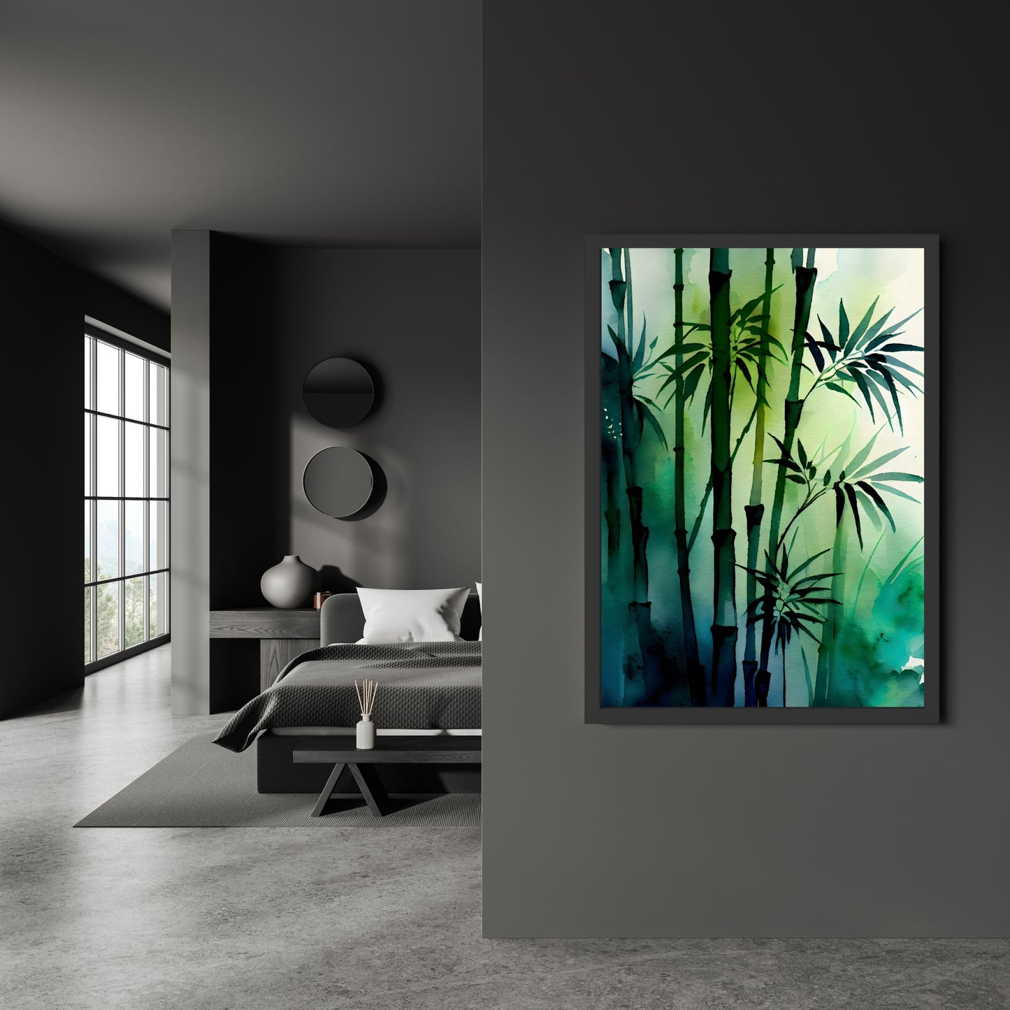 Bamboo Forest Watercolor Fine Art Print displayed in a stylish modern room, showcasing its vibrant colors and depth.