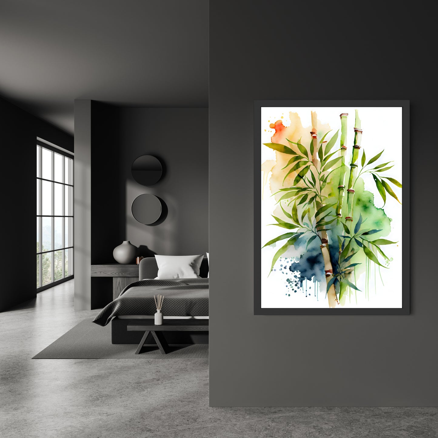 Bamboo Watercolor Fine Art Print featuring vibrant bamboo leaves, crafted on premium cotton watercolor paper.