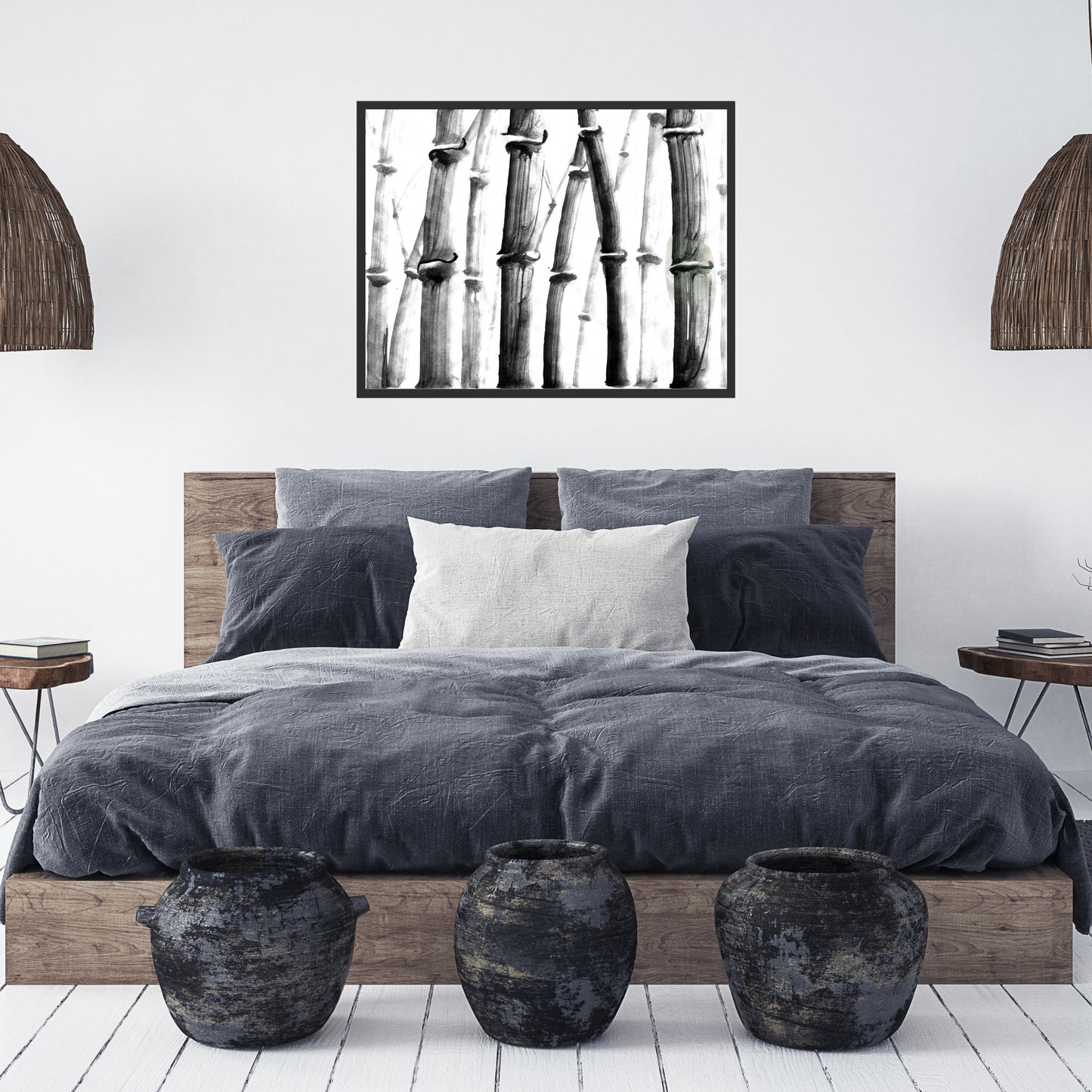 Stylish bedroom featuring the Minimalist Bamboo Watercolor Fine Art Print, showcasing elegant bamboo in black and white.