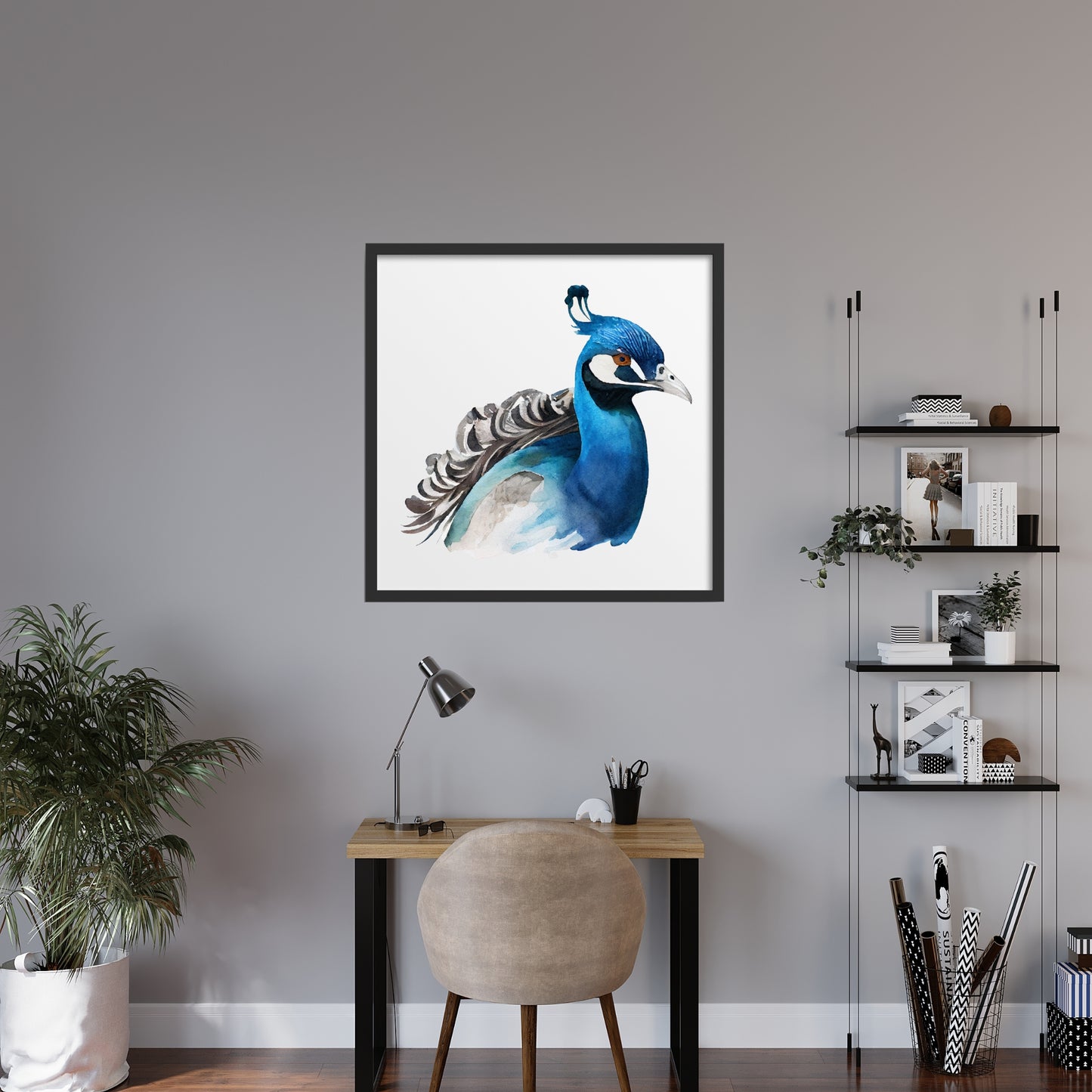 Elegant Indigo Peacock Watercolor Fine Art Print showcasing vibrant colors, expertly crafted on textured cotton paper.