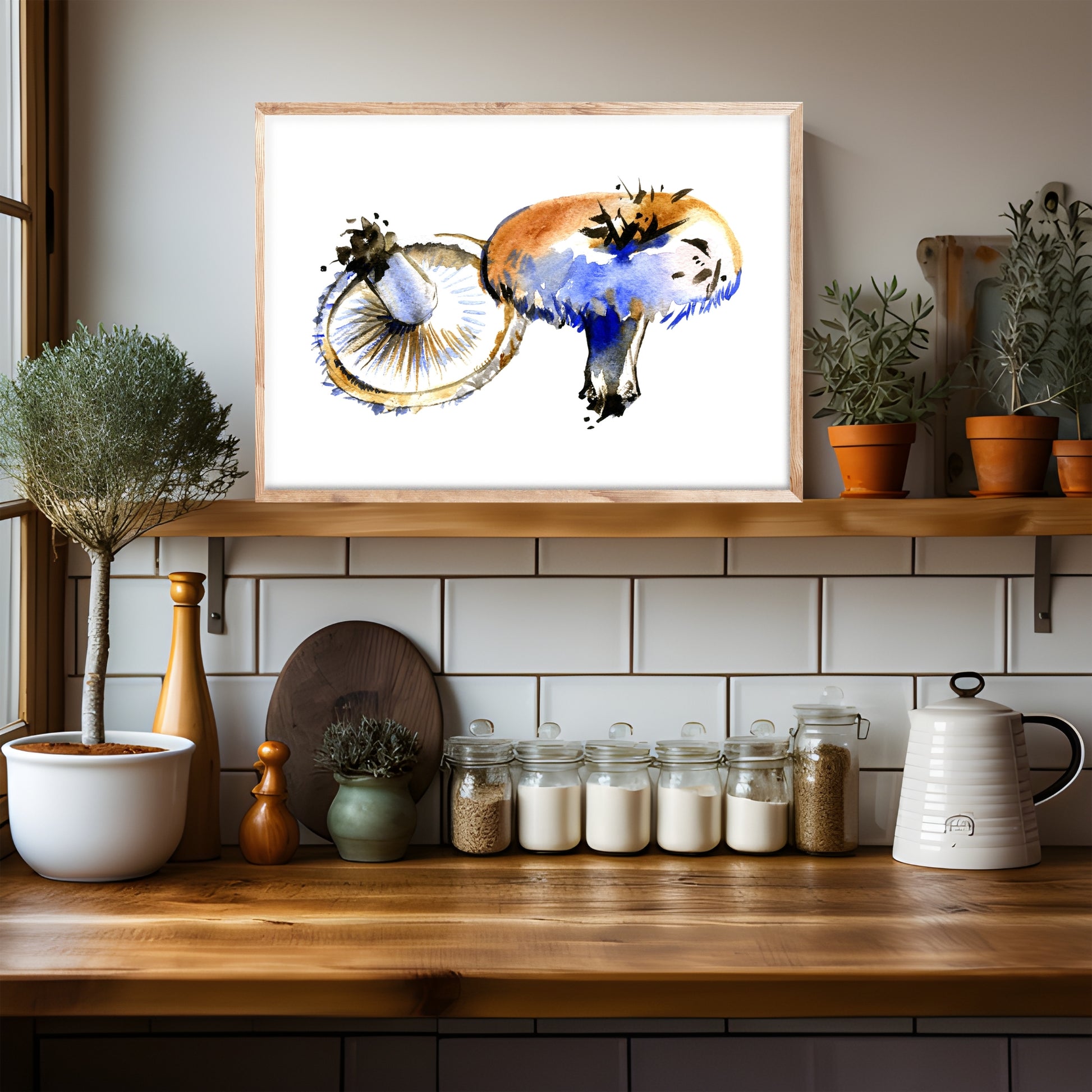 Lactarius Mushrooms Watercolor Fine Art Print displayed elegantly in a cozy kitchen setting with natural elements.