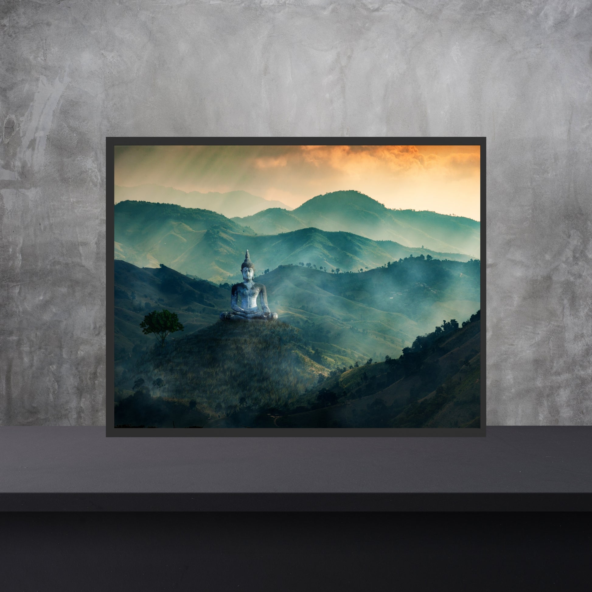 Meditating Buddha on Mountaintop Giclee Fine Art Print showcases serene beauty, printed on premium 100% cotton watercolor paper.