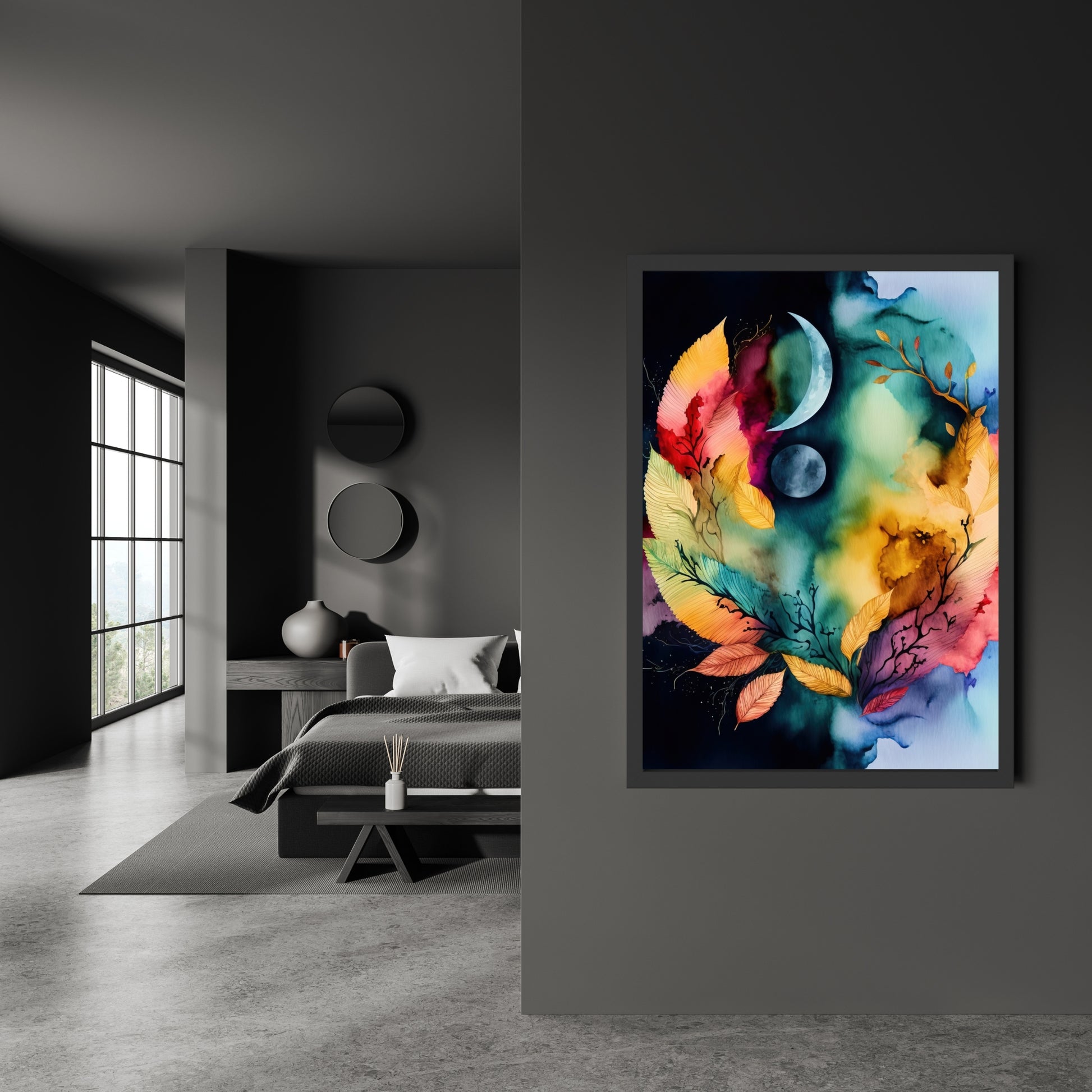 Vibrant Celestial Harmony Series 2 Watercolor Fine Art Print enhancing a modern living space with ethereal charm.