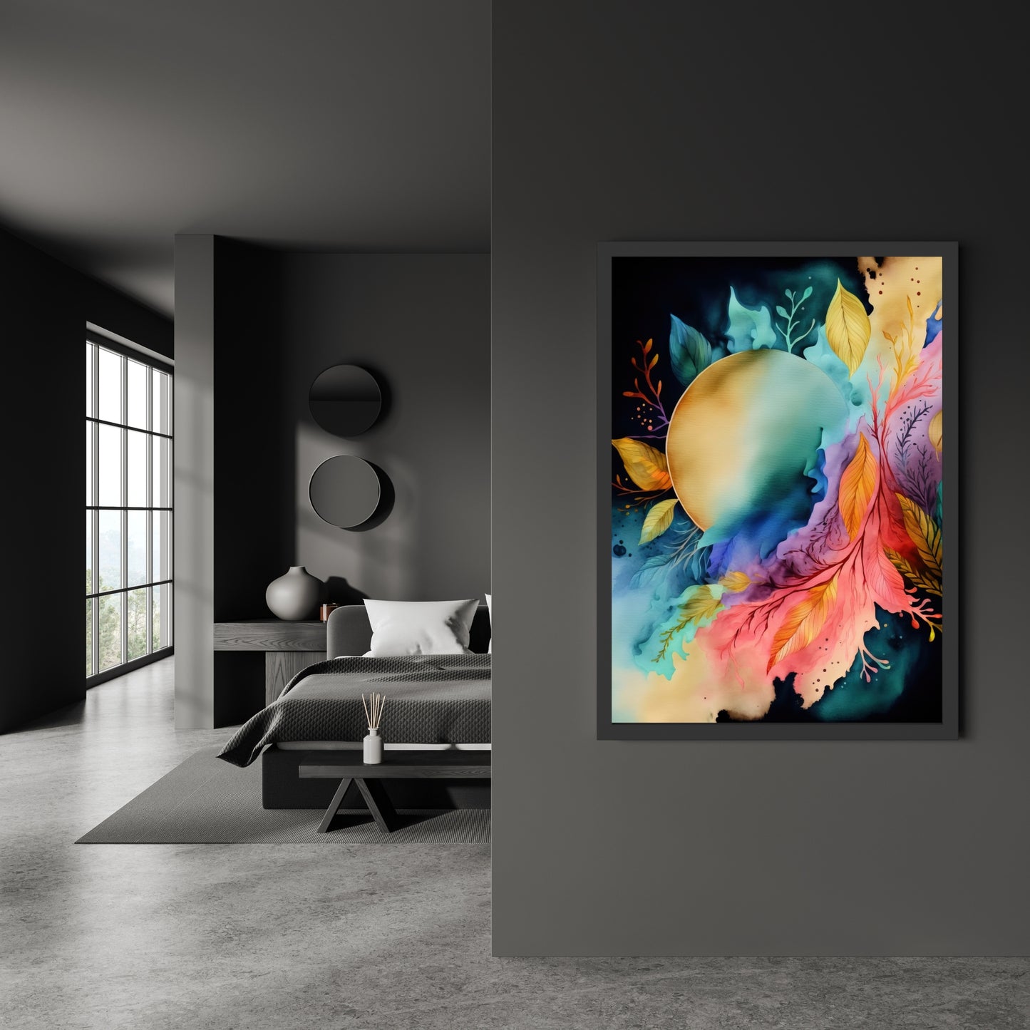 Vibrant Celestial Harmony Series 3 Watercolor Fine Art Print adds ethereal charm to any modern space.