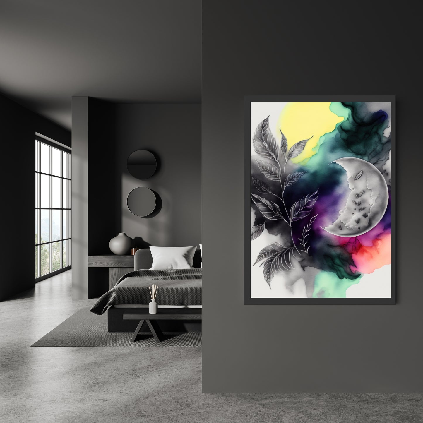 Celestial Harmony Series 4 Watercolor Fine Art Print features vibrant colors and a dreamy moonlit aesthetic.