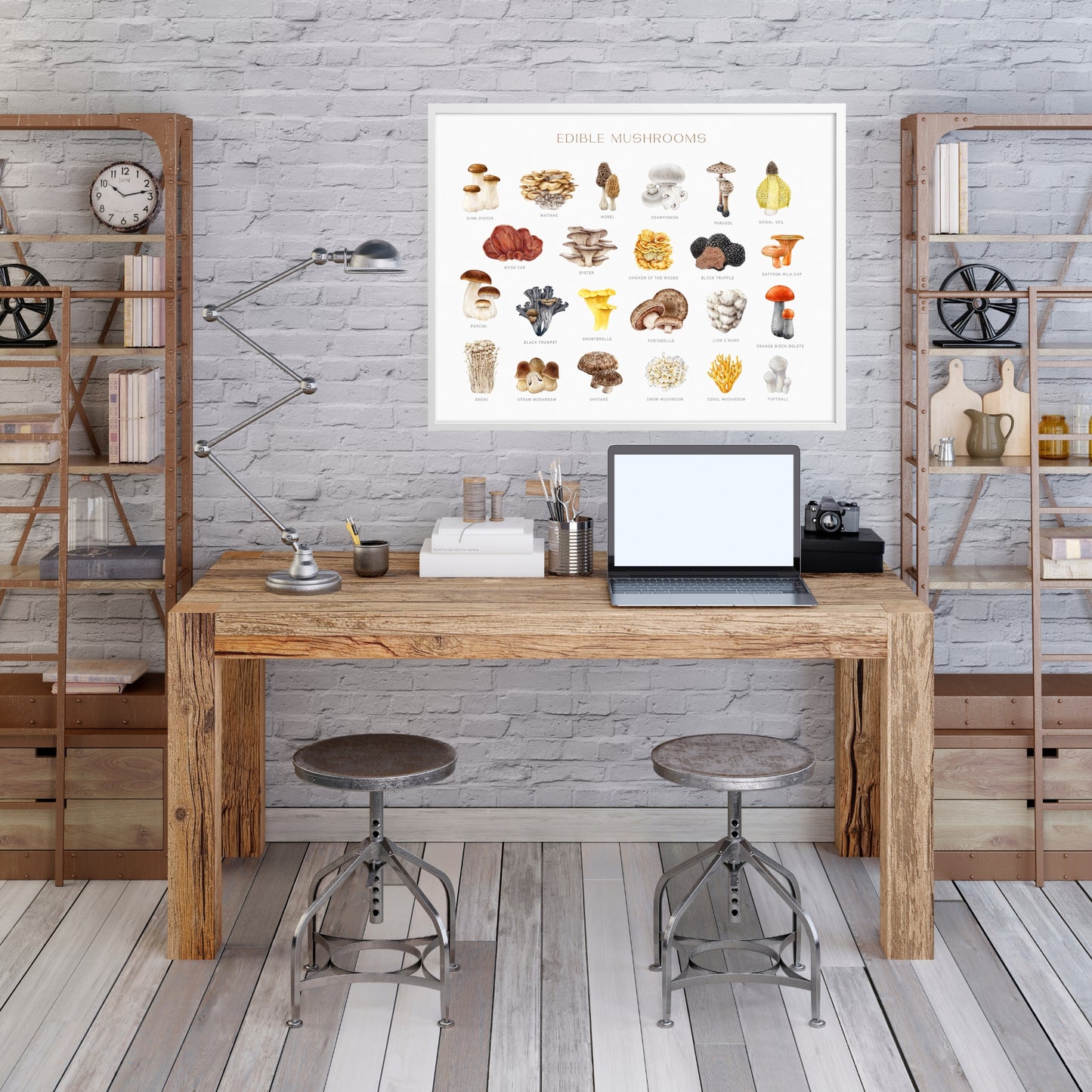 Stylish workspace featuring the Edible Mushrooms Watercolor Fine Art Print, showcasing beautifully detailed mushroom illustrations.