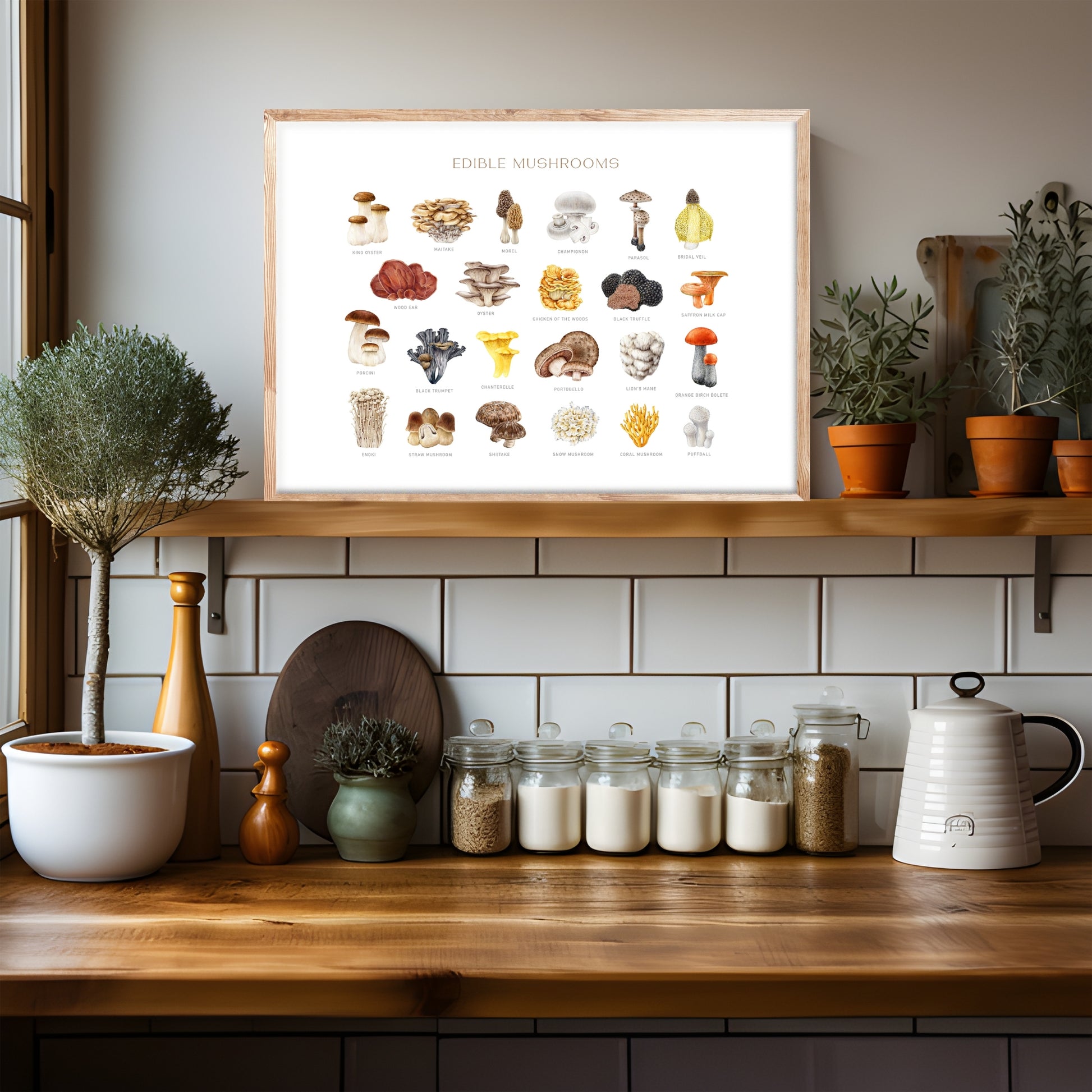 Edible Mushrooms Watercolor Fine Art Print displayed in a cozy kitchen, showcasing vibrant mushroom illustrations.