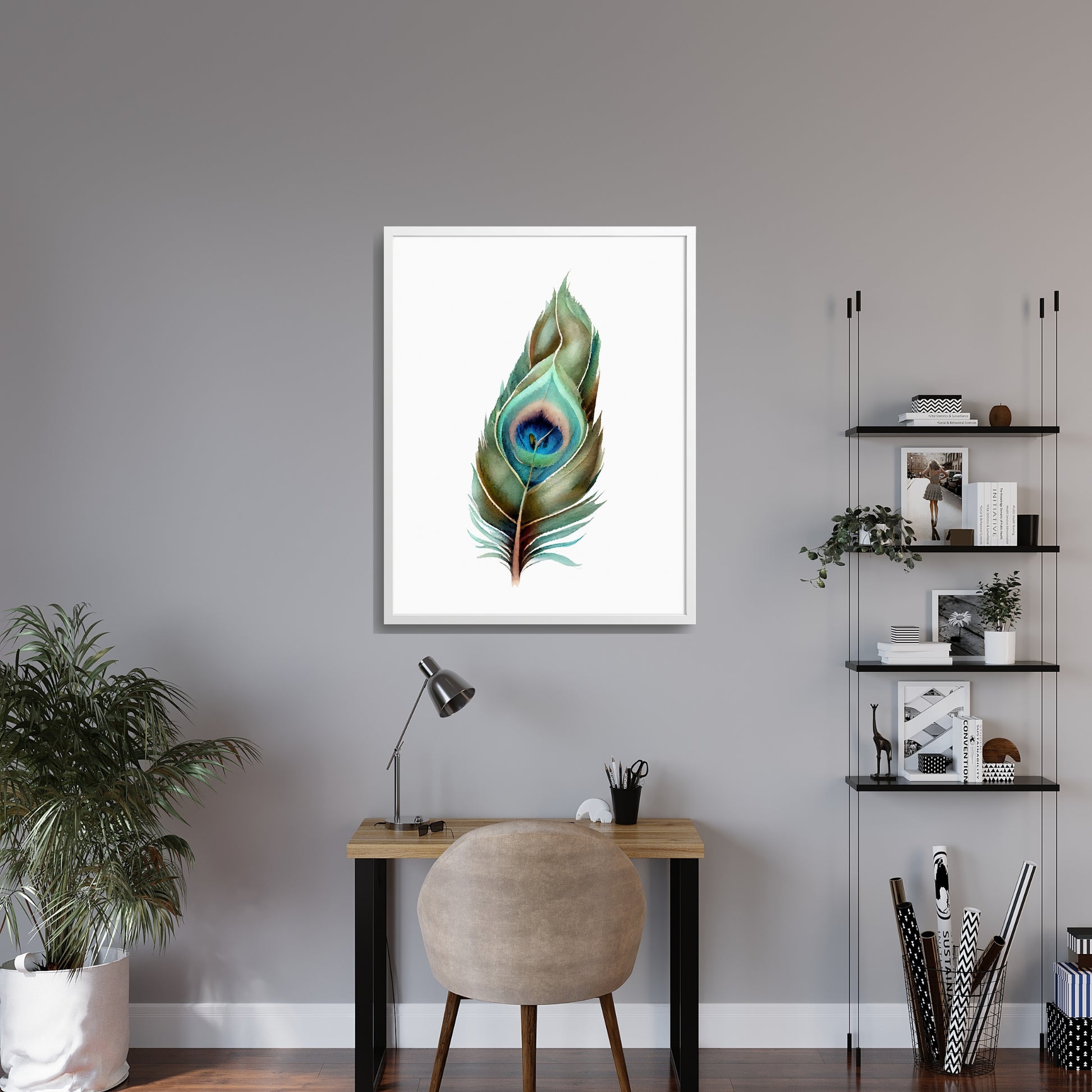 Vibrant Peacock Feather Series 3 Watercolor Fine Art Print enhancing modern home decor with stunning colors.