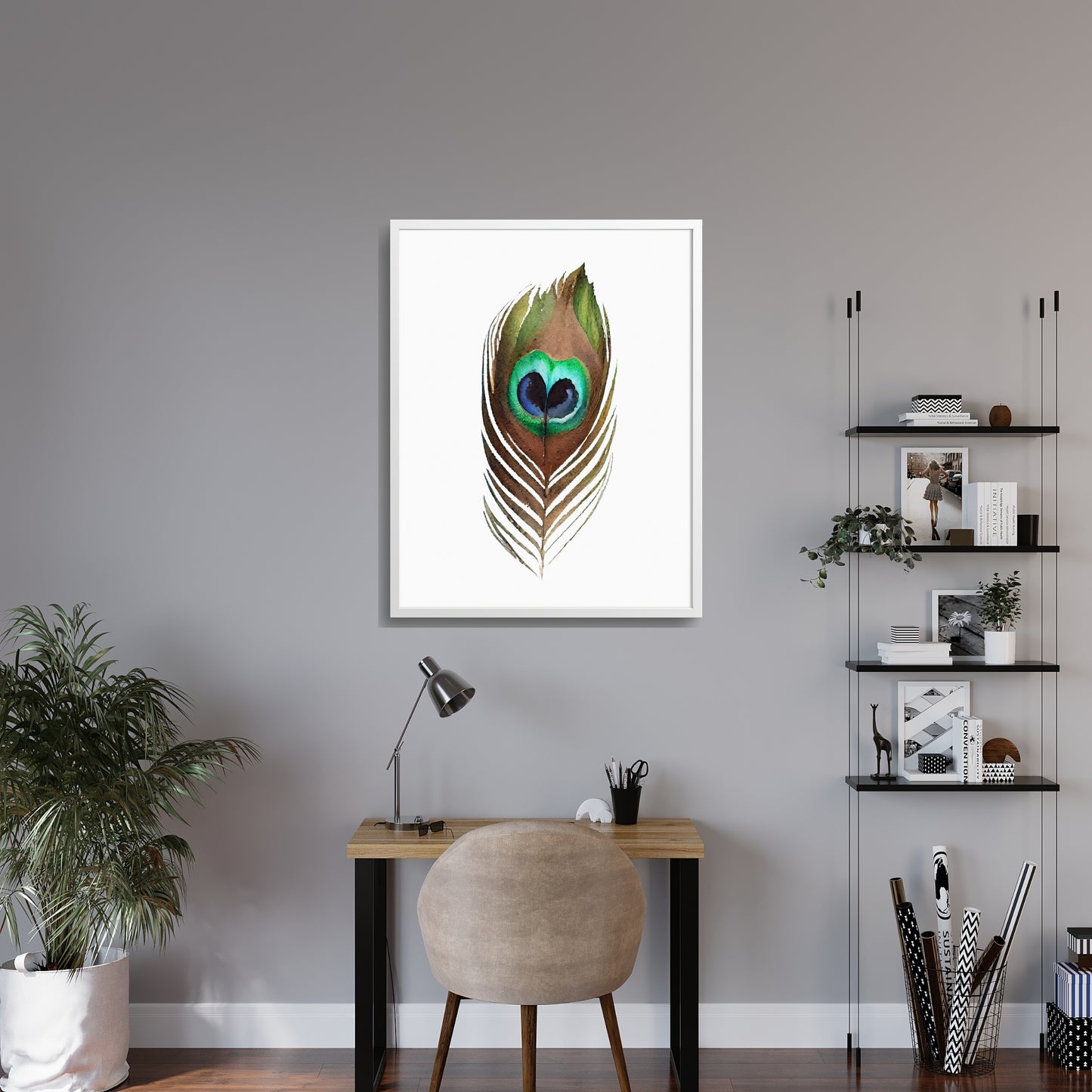 Vibrant Peacock Feather Watercolor Fine Art Print, perfect for enhancing home decor with stunning colors.