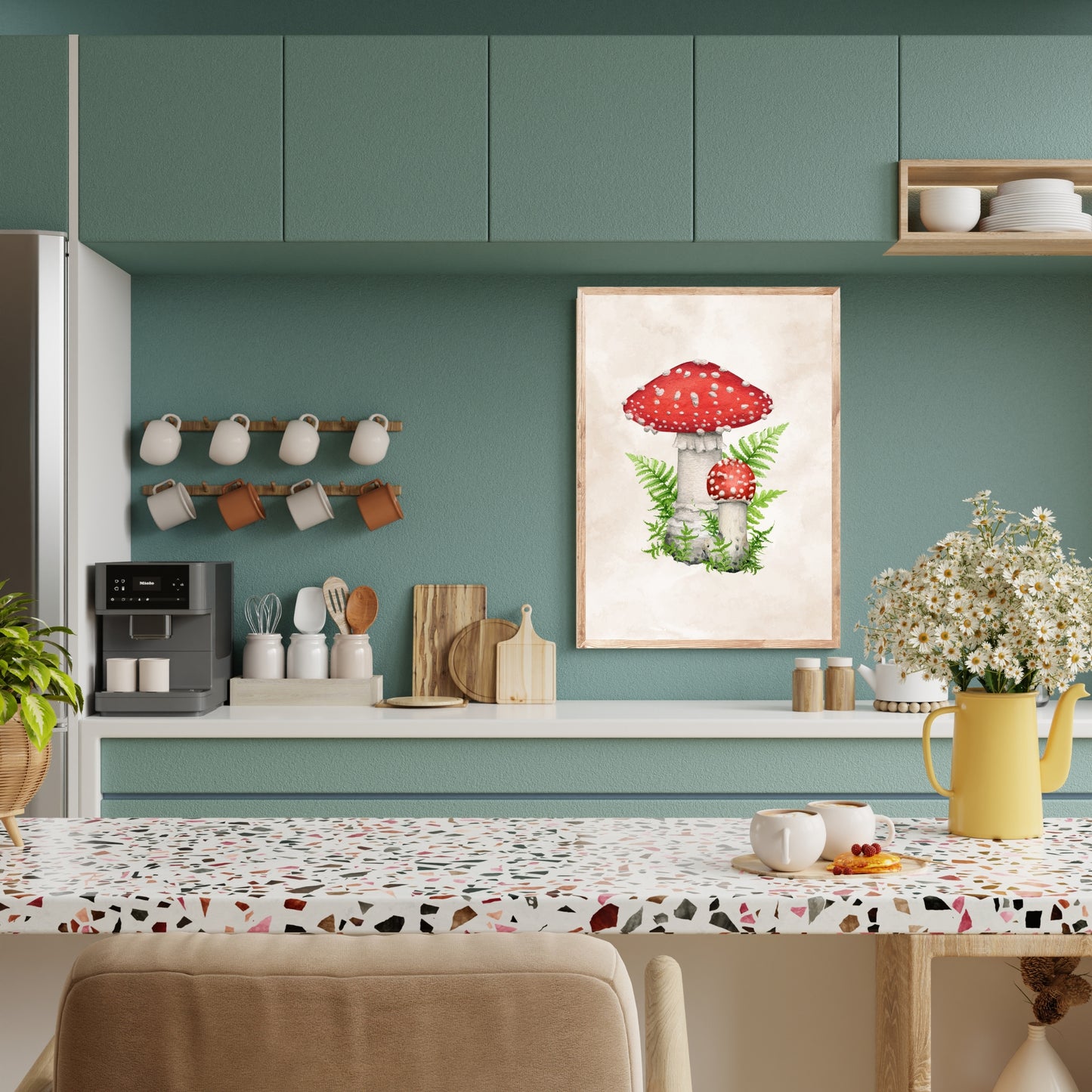 Fly Agaric Mushroom Watercolor Fine Art Print displayed in a stylish kitchen, enhancing the decor with vibrant colors.