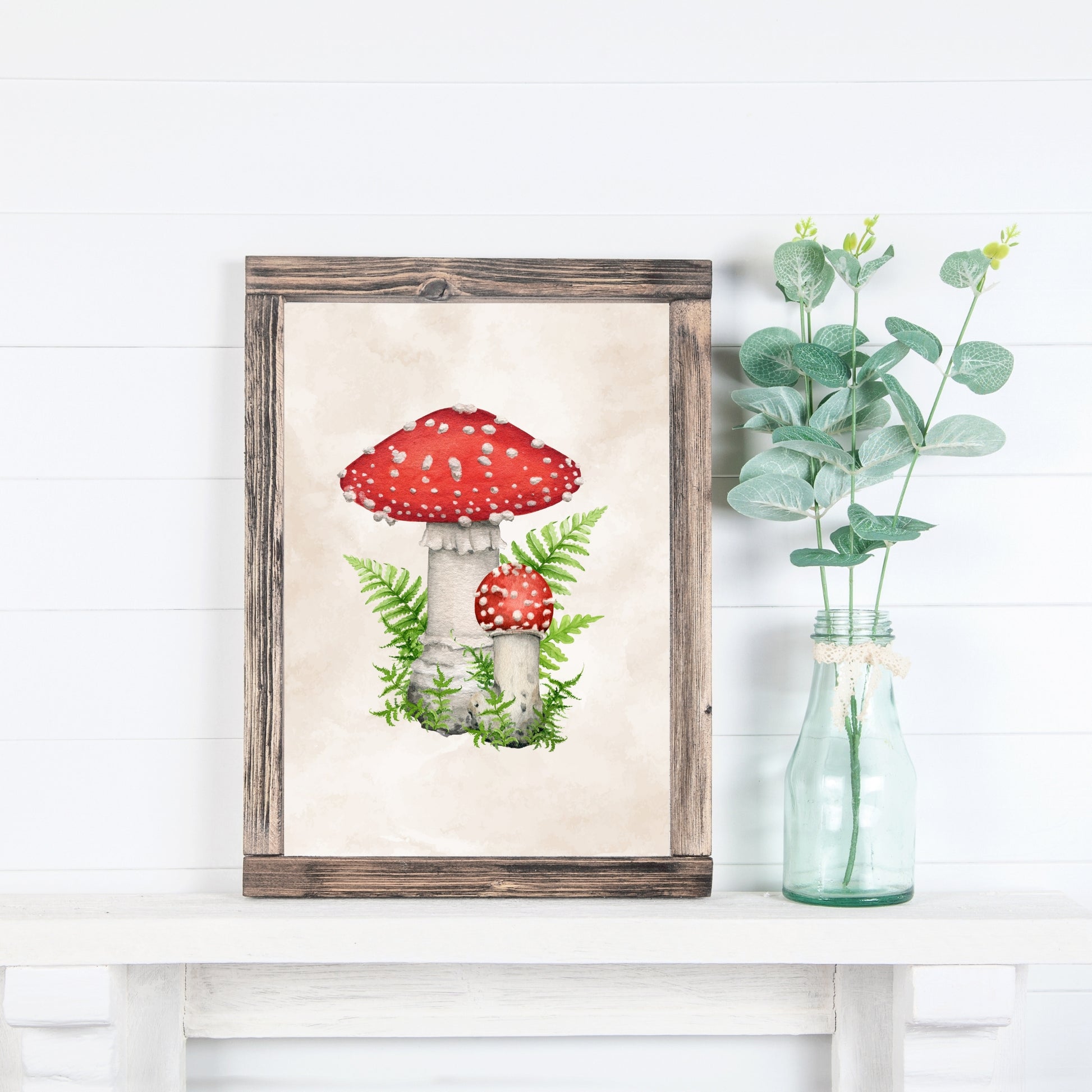 Fly Agaric Mushroom Watercolor Fine Art Print showcasing vibrant mushrooms and lush ferns, perfect for any art lover.