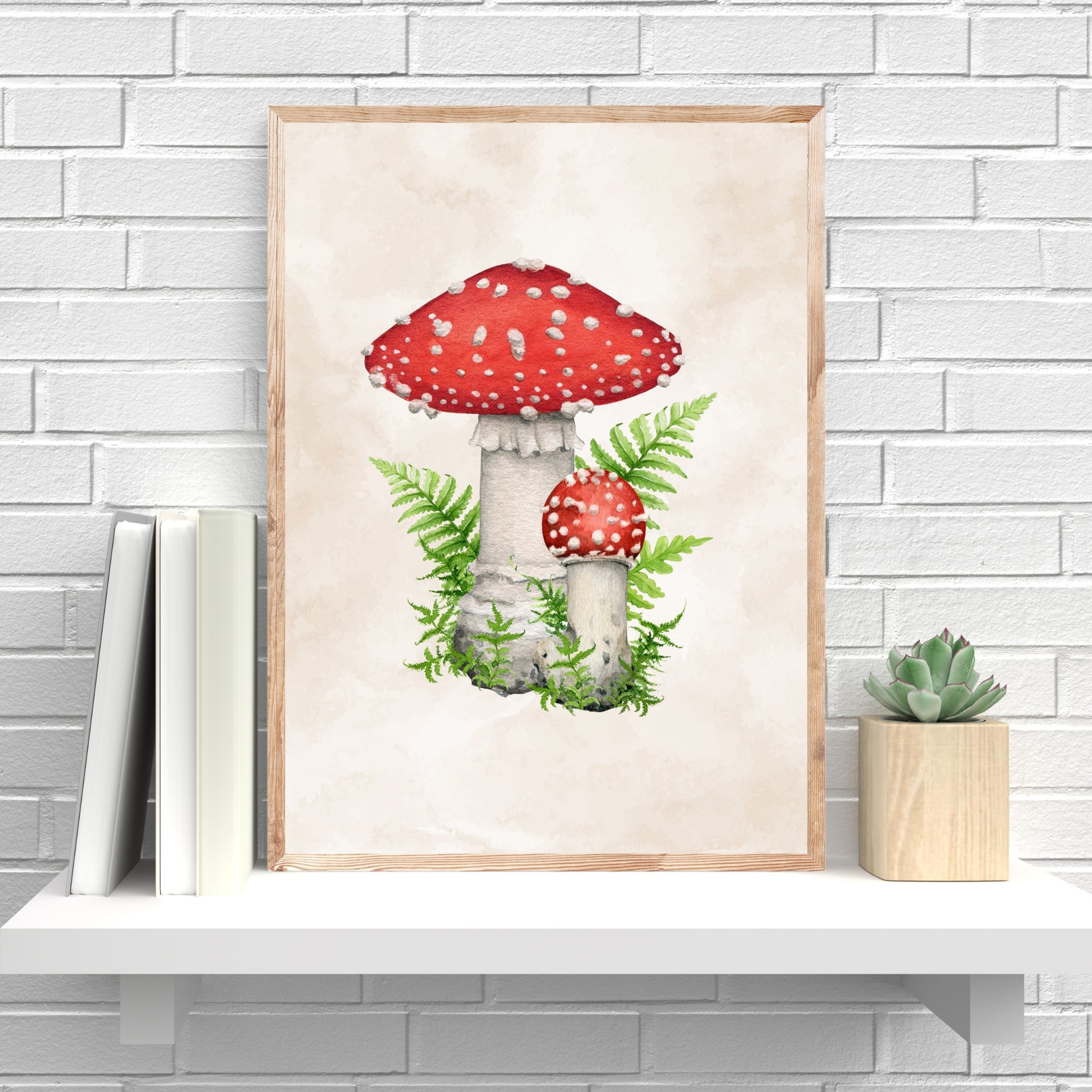 Fly Agaric Mushroom Watercolor Fine Art Print featuring vibrant mushrooms and ferns, crafted with archival quality in America.