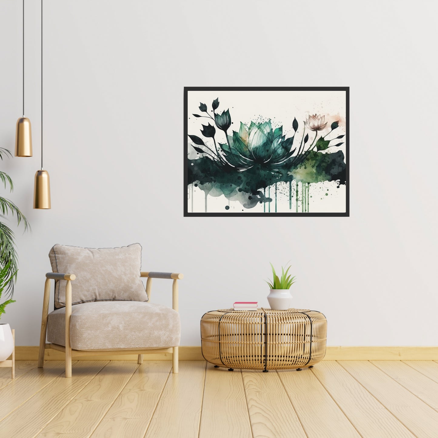 Elegant living room featuring the Green Lotus Watercolor Fine Art Print, showcasing its serene beauty and depth.