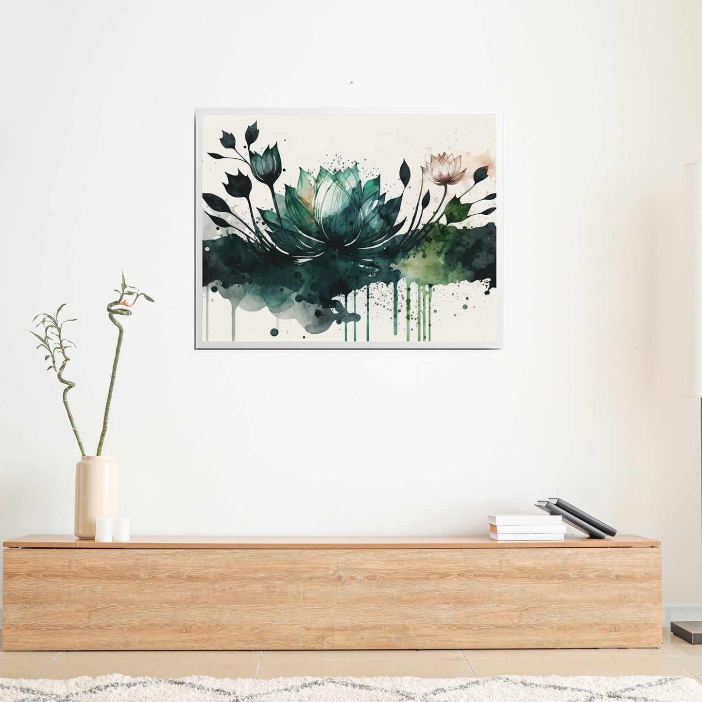 Elegant Green Lotus Watercolor Fine Art Print showcasing rich colors, perfect for any art lover's space.