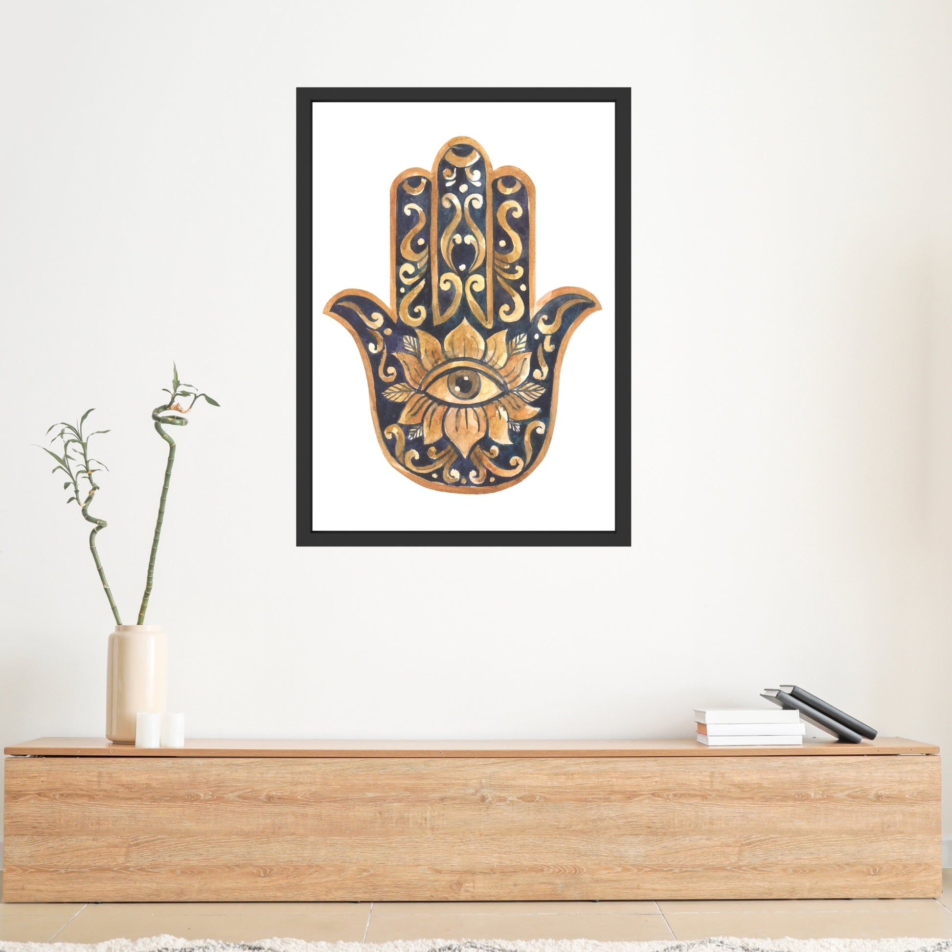 Hamsa Hand Watercolor Fine Art Print showcasing a vibrant design, perfect for home decor. Made in America, quality assured.