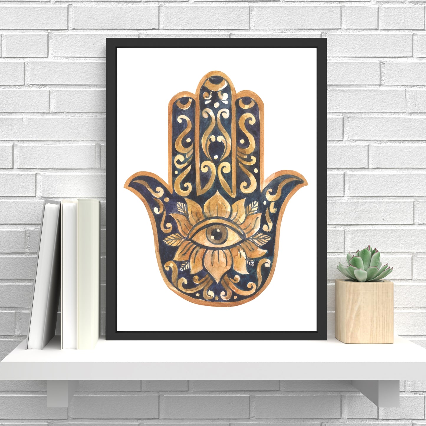 Hamsa Hand Watercolor Fine Art Print showcasing vibrant designs, crafted on archival cotton paper for stunning decor.