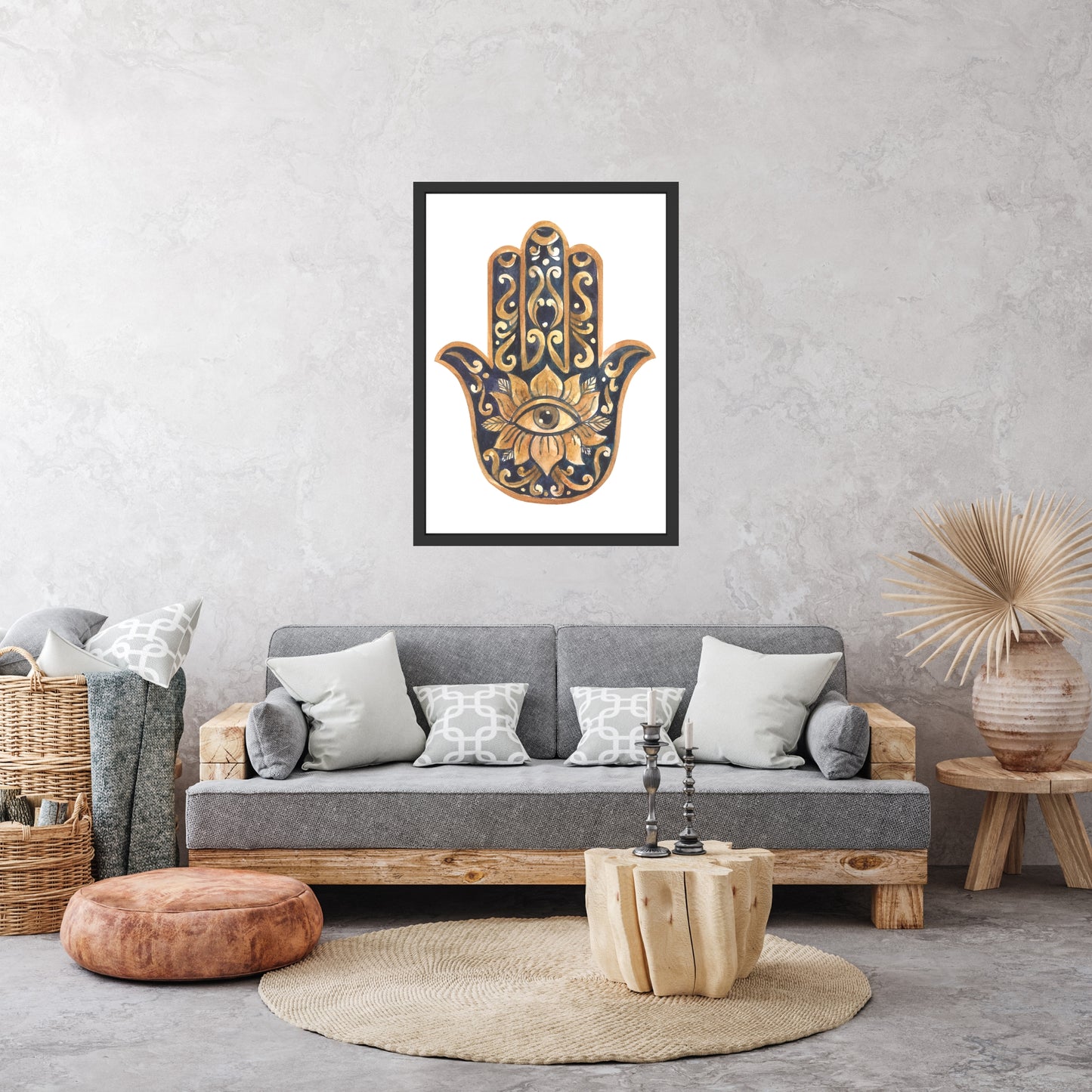 Hamsa Hand Watercolor Fine Art Print displayed in a stylish living room, showcasing its vibrant design and texture.