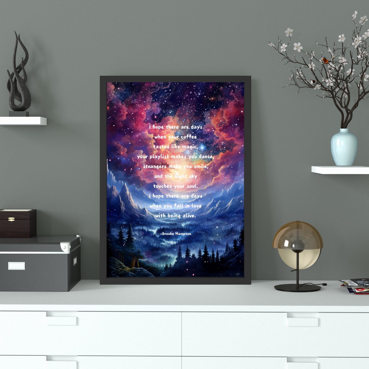 Colorful galaxy-themed wall art featuring Brooke Hampton's inspiring quote, "Fall in Love with Being Alive Fine Art Print."