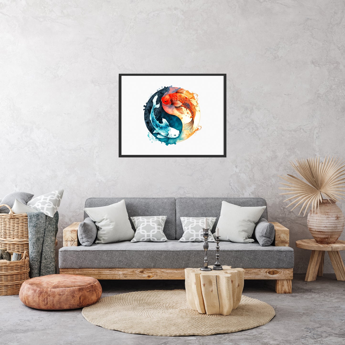 Yin Yang Koi Fish Watercolor Fine Art Print displayed in a stylish living room, showcasing vibrant colors and texture.