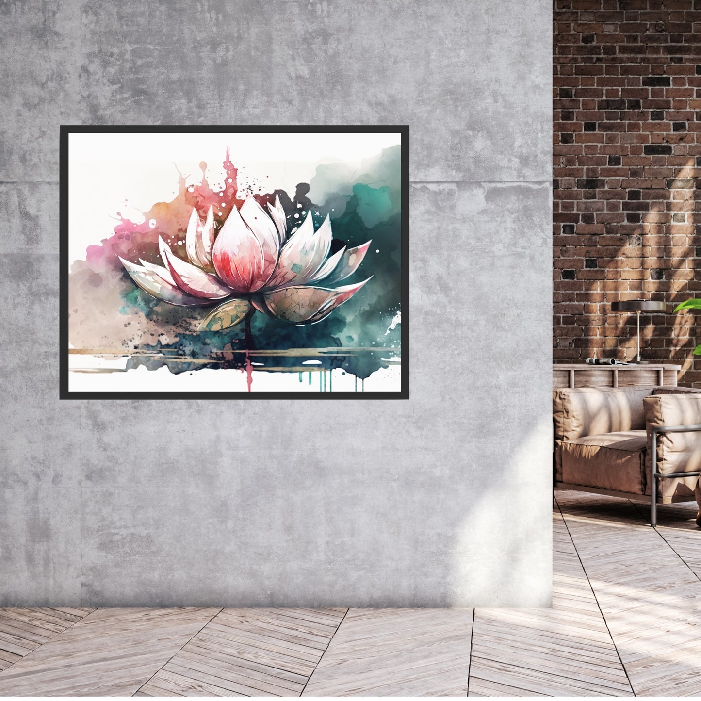 Vibrant Lotus Watercolor Fine Art Print displayed in a modern setting, showcasing its stunning colors and textures.