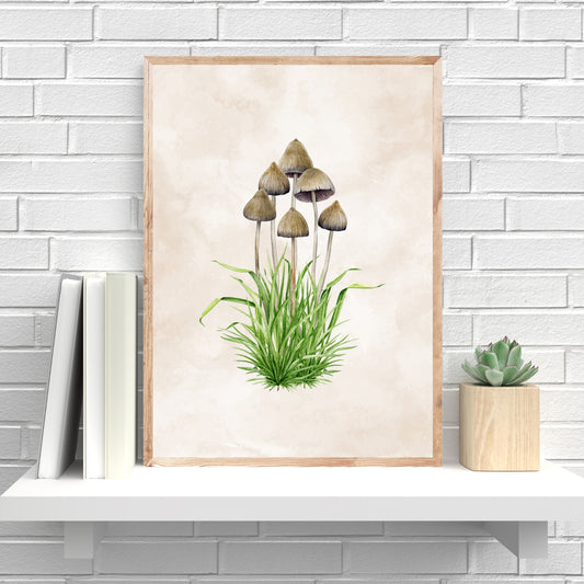 Liberty Cap Mushrooms Watercolor Fine Art Print showcases delicate mushrooms with vibrant greens on textured paper.