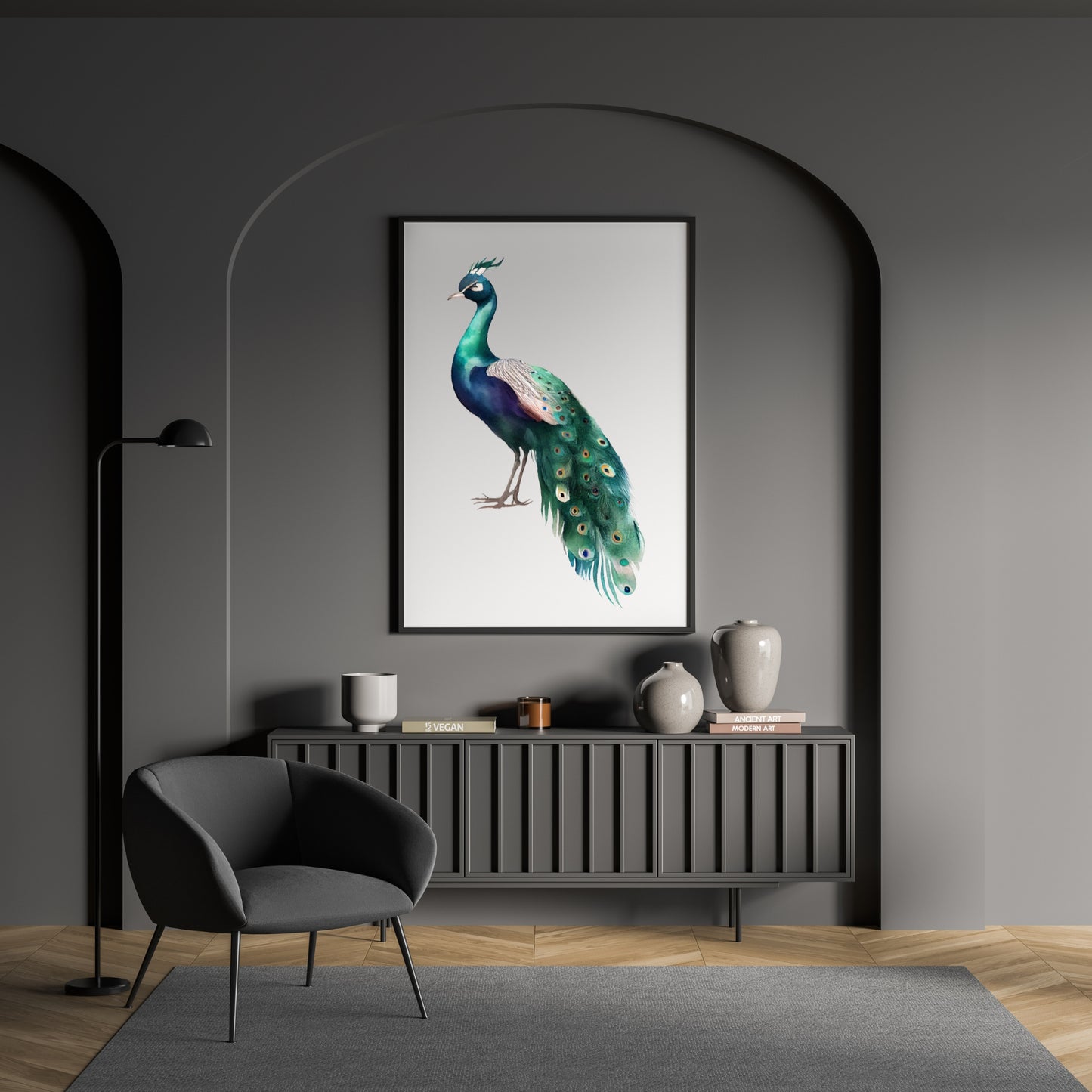 Vibrant Peacock Watercolor Fine Art Print displayed elegantly in a modern setting, enhancing any room's decor.