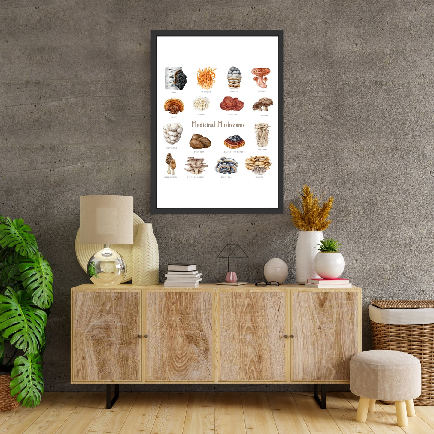 Medicinal Mushrooms Watercolor Fine Art Print showcasing detailed mushroom illustrations, perfect for home decor.