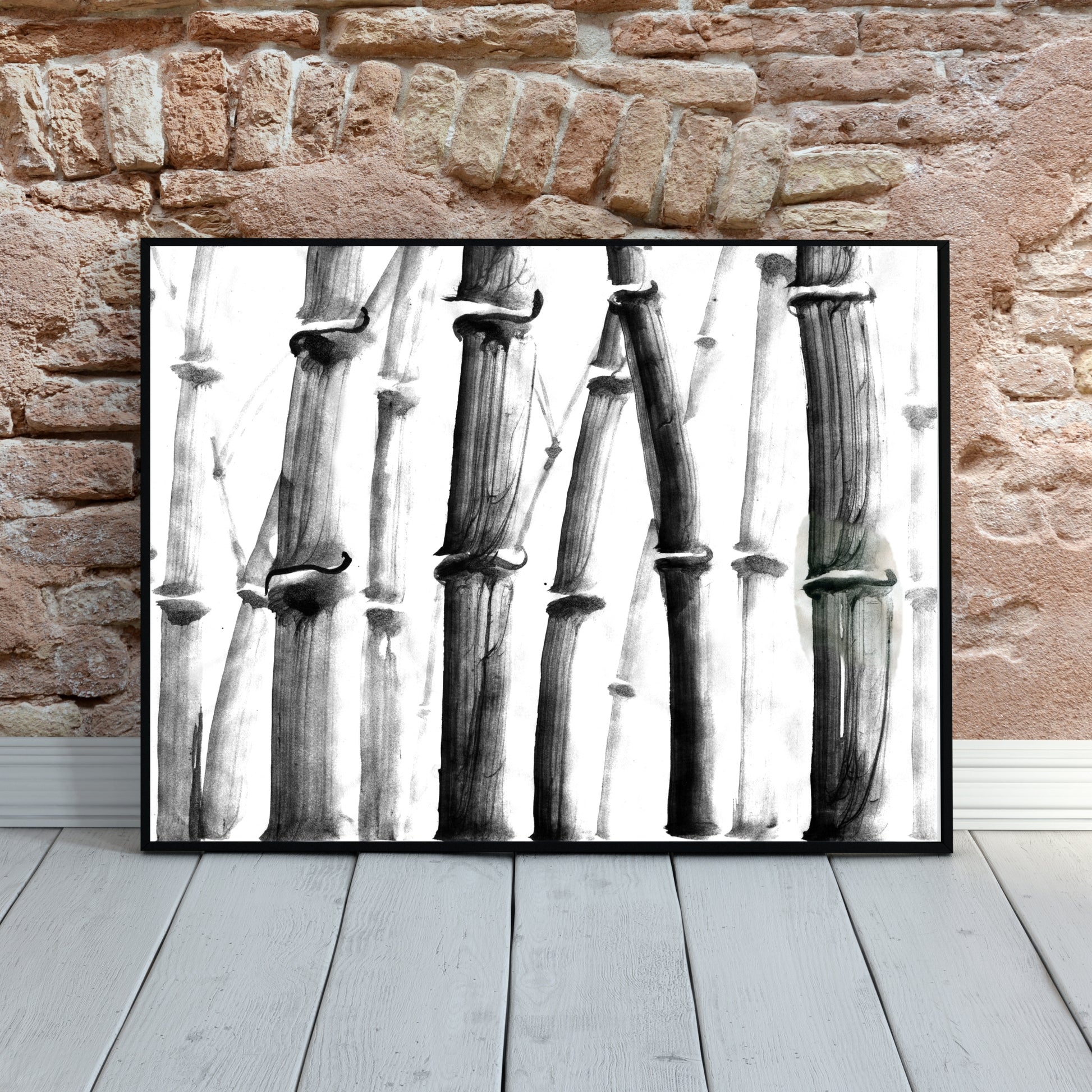 Minimalist Bamboo Watercolor Fine Art Print showcases elegant bamboo in striking black and white, enhancing any space.