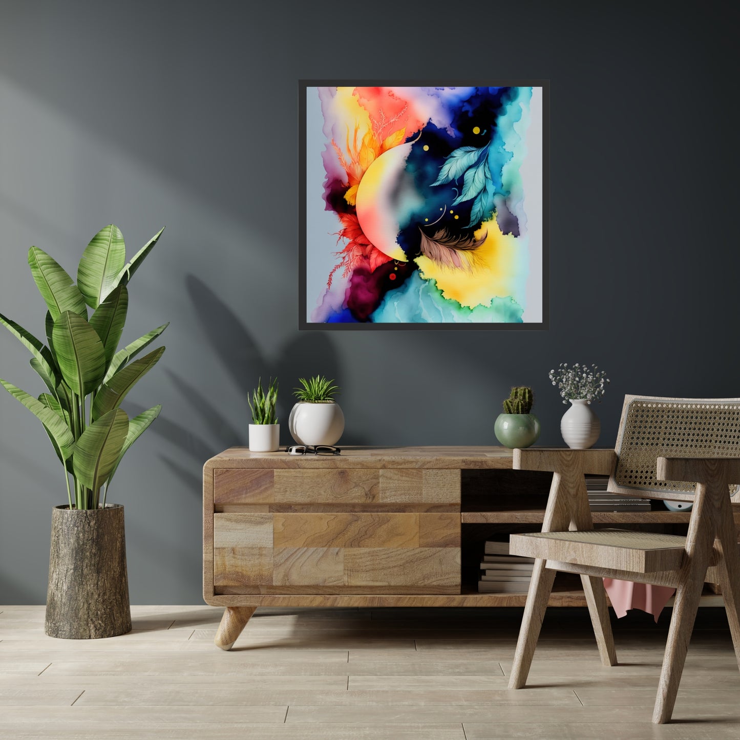 Vibrant Celestial Harmony Series 6 Watercolor Fine Art Print displayed in a stylish home decor setting.