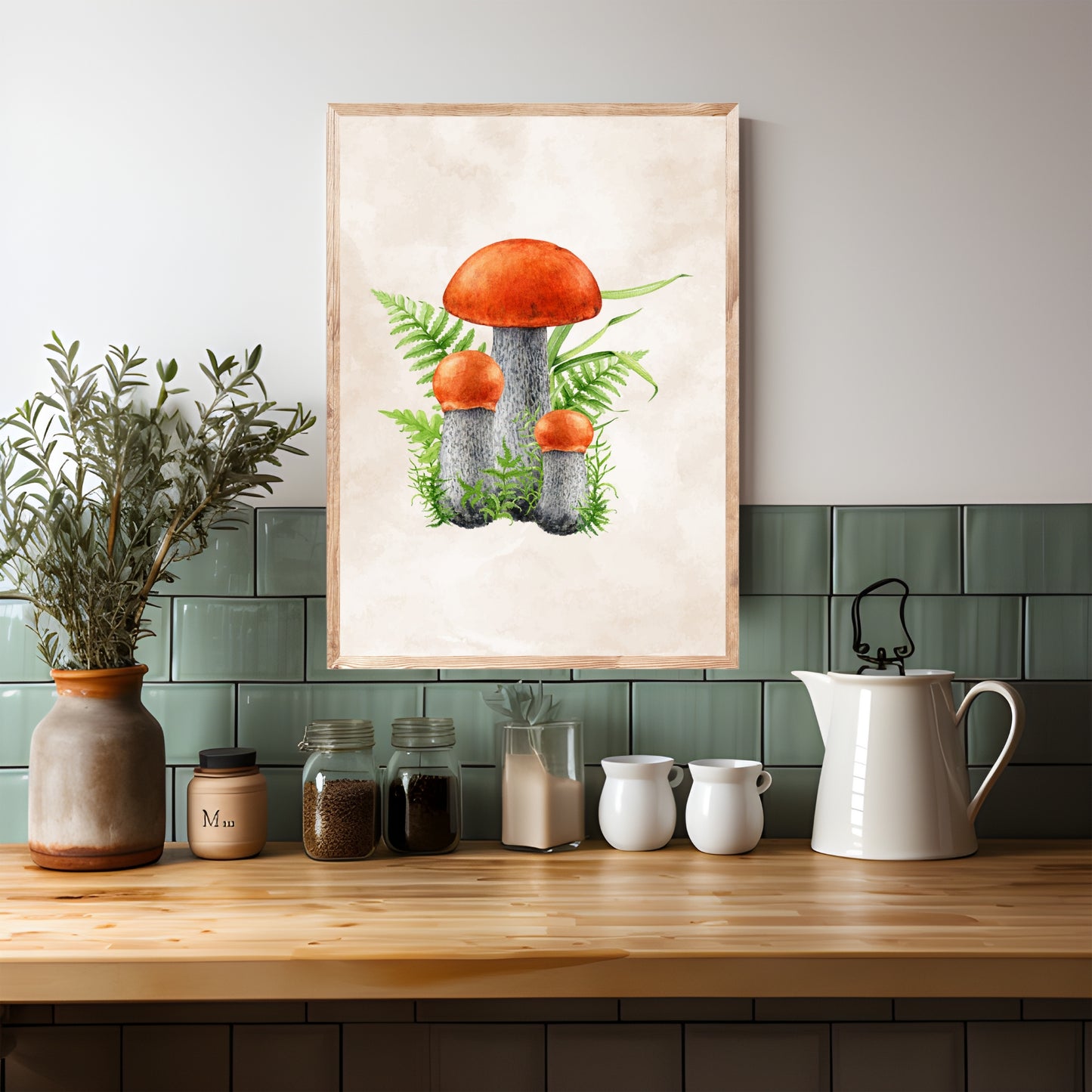 Orange Cap Mushroom Watercolor Fine Art Print displayed in a modern kitchen, showcasing vibrant colors and textures.