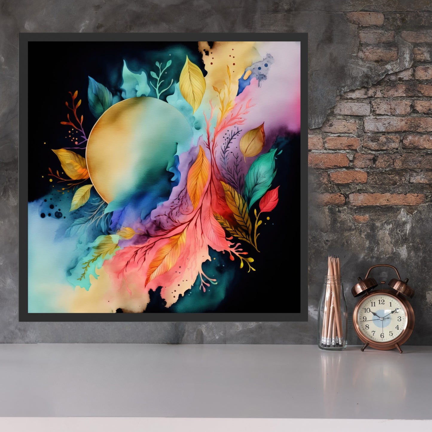 Vibrant Celestial Harmony Series 3 Watercolor Fine Art Print adds ethereal charm to your space with its dreamy colors.