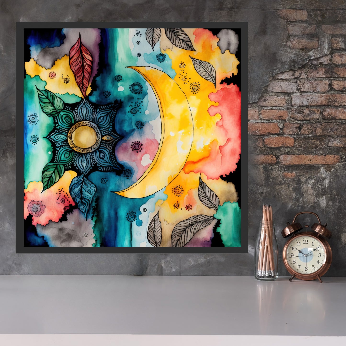 Celestial Harmony Series 7 Watercolor Fine Art Print features a vibrant celestial sky, perfect for enhancing home decor.