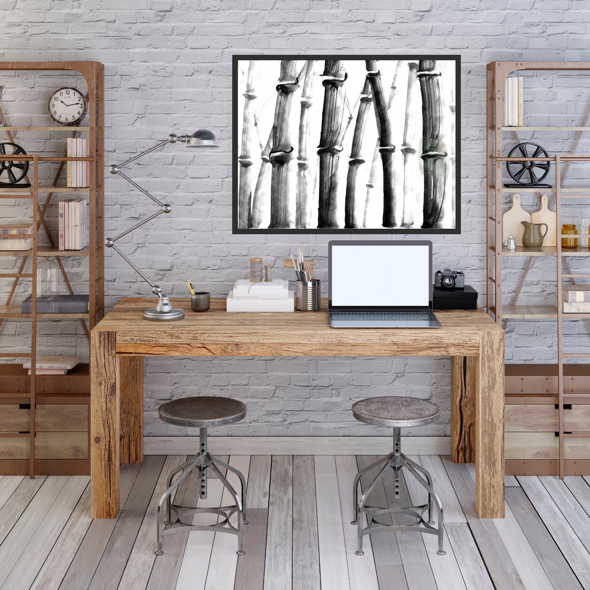 Stylish workspace featuring the Minimalist Bamboo Watercolor Fine Art Print, showcasing elegant bamboo design and texture.