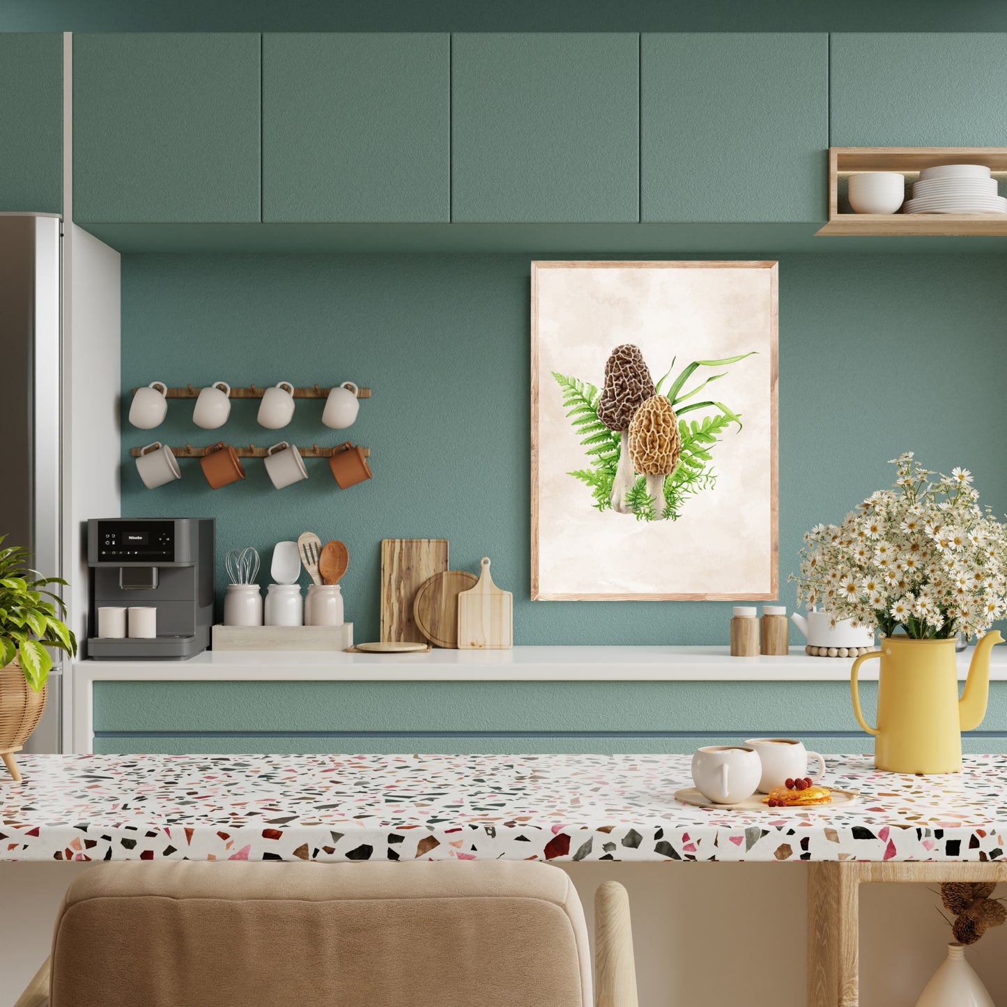 Morel Mushrooms Watercolor Fine Art Print displayed in a stylish kitchen, showcasing its vibrant colors and textures.