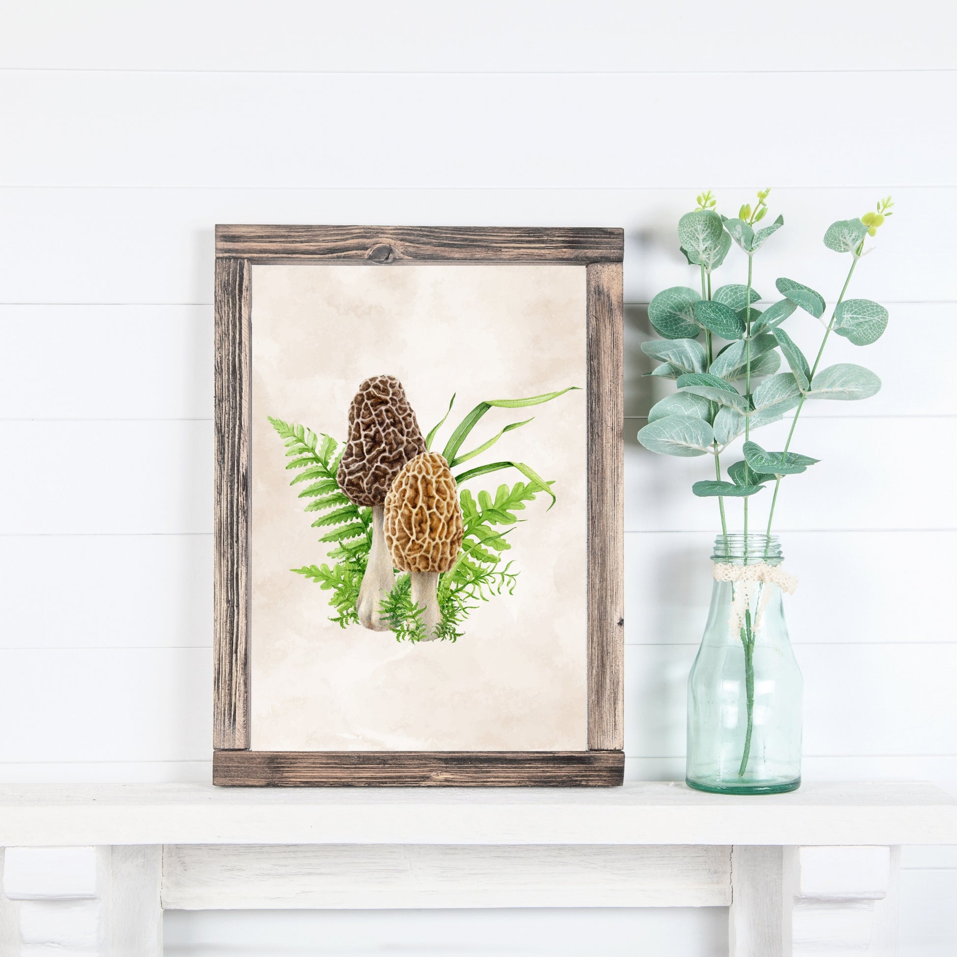 Morel Mushrooms Watercolor Fine Art Print showcasing detailed mushrooms with ferns, perfect for any art lover's decor.