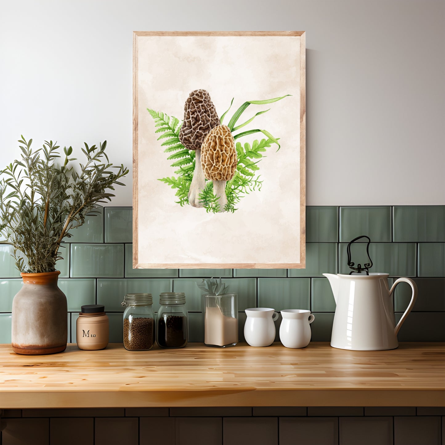 Morel Mushrooms Watercolor Fine Art Print showcasing vibrant mushrooms and ferns, perfect for any art lover's space.