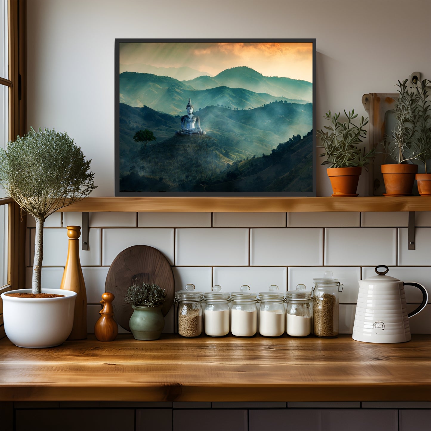 Meditating Buddha on Mountaintop Giclee Fine Art Print showcased in a serene setting, adding tranquility to your space.