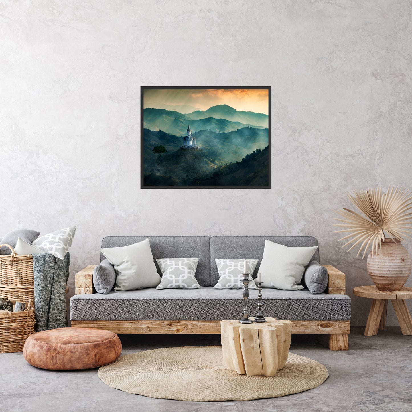 Meditating Buddha on Mountaintop Giclee Fine Art Print enhances serene home decor with its stunning mountain backdrop.