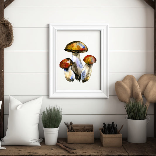 Leccinum Mushrooms Watercolor Fine Art Print showcased in a home setting, highlighting its vibrant colors and texture.