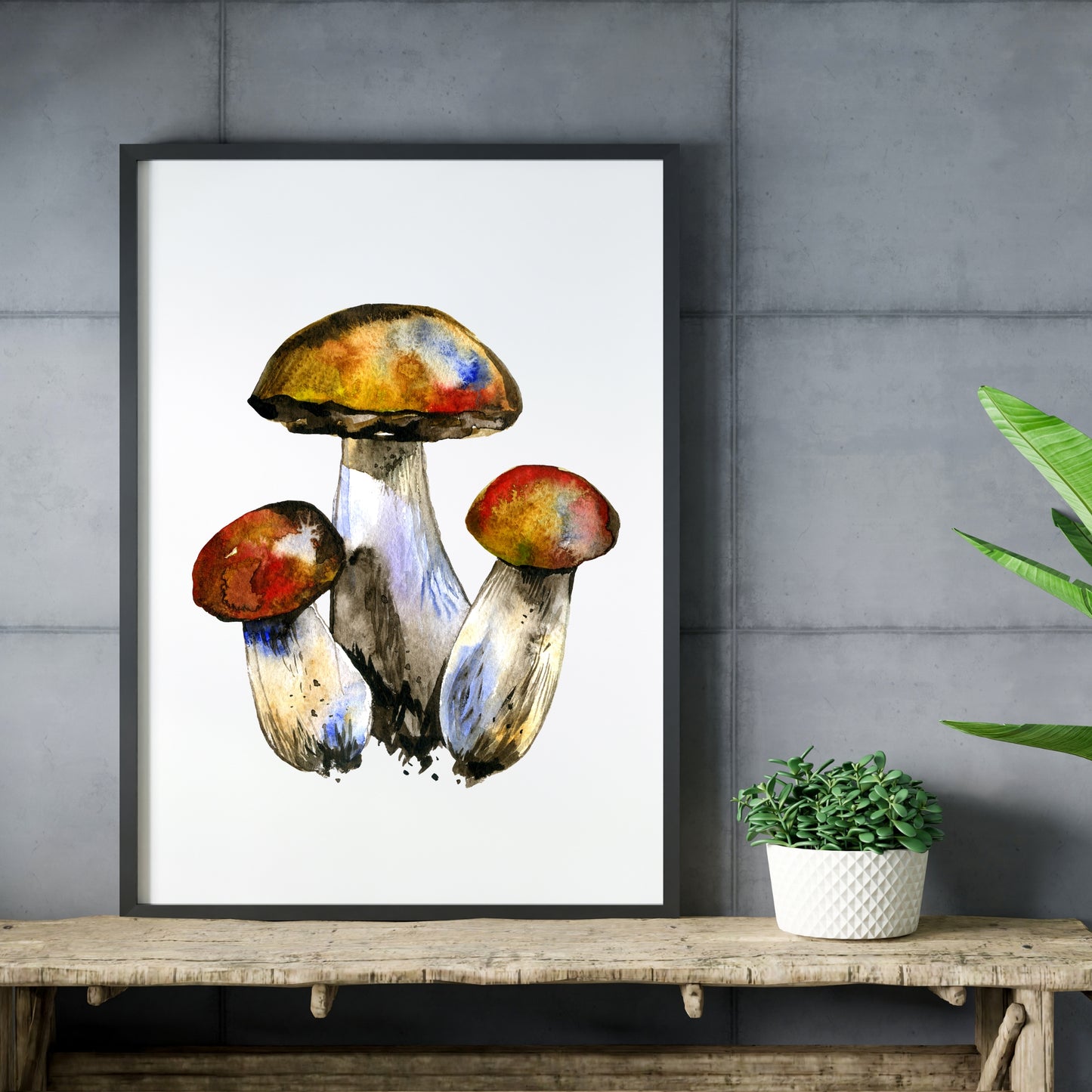 Leccinum Mushrooms Watercolor Fine Art Print displayed in a stylish setting, showcasing vibrant colors and textures.