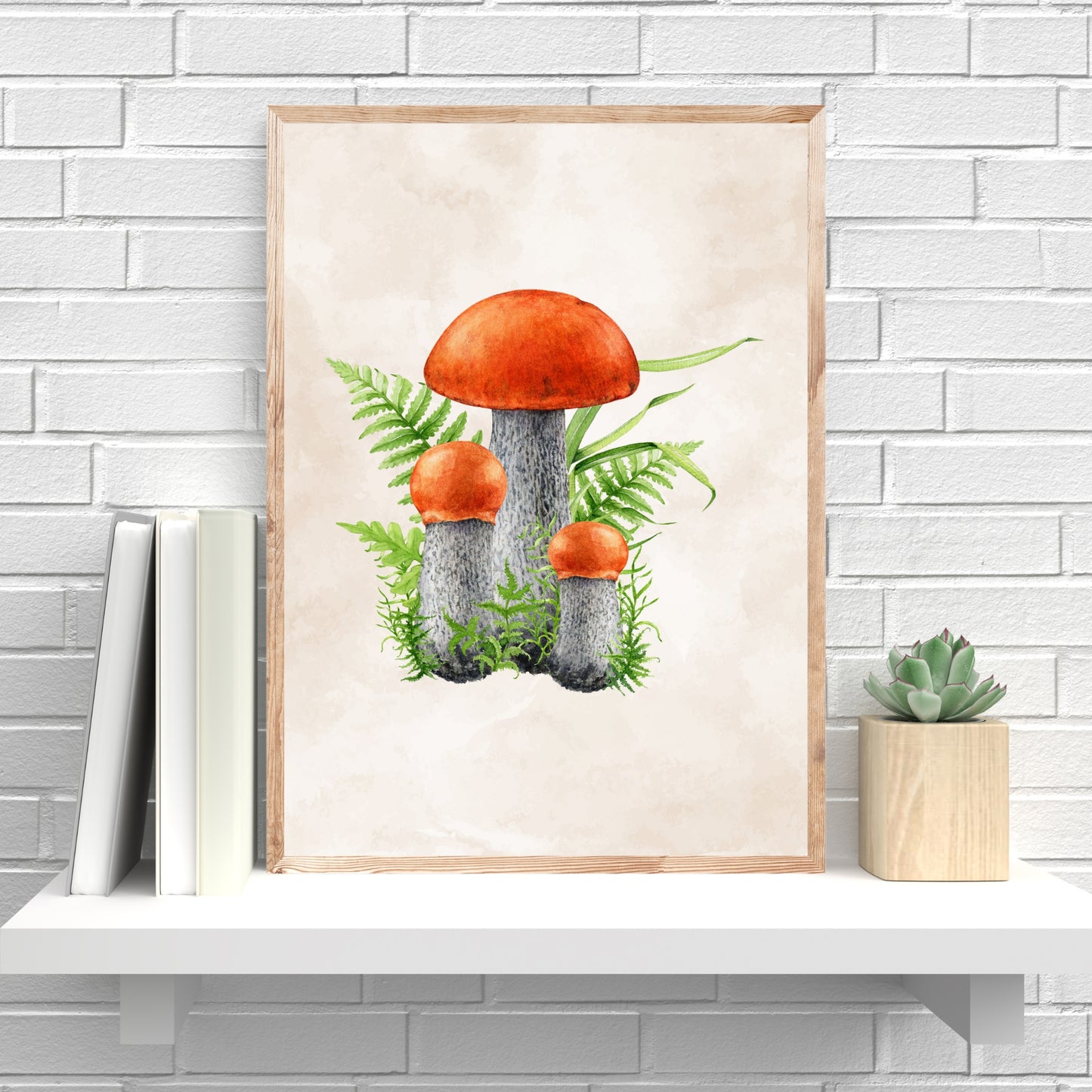 Vibrant Orange Cap Mushroom Watercolor Fine Art Print showcasing exquisite detail on textured cotton paper.