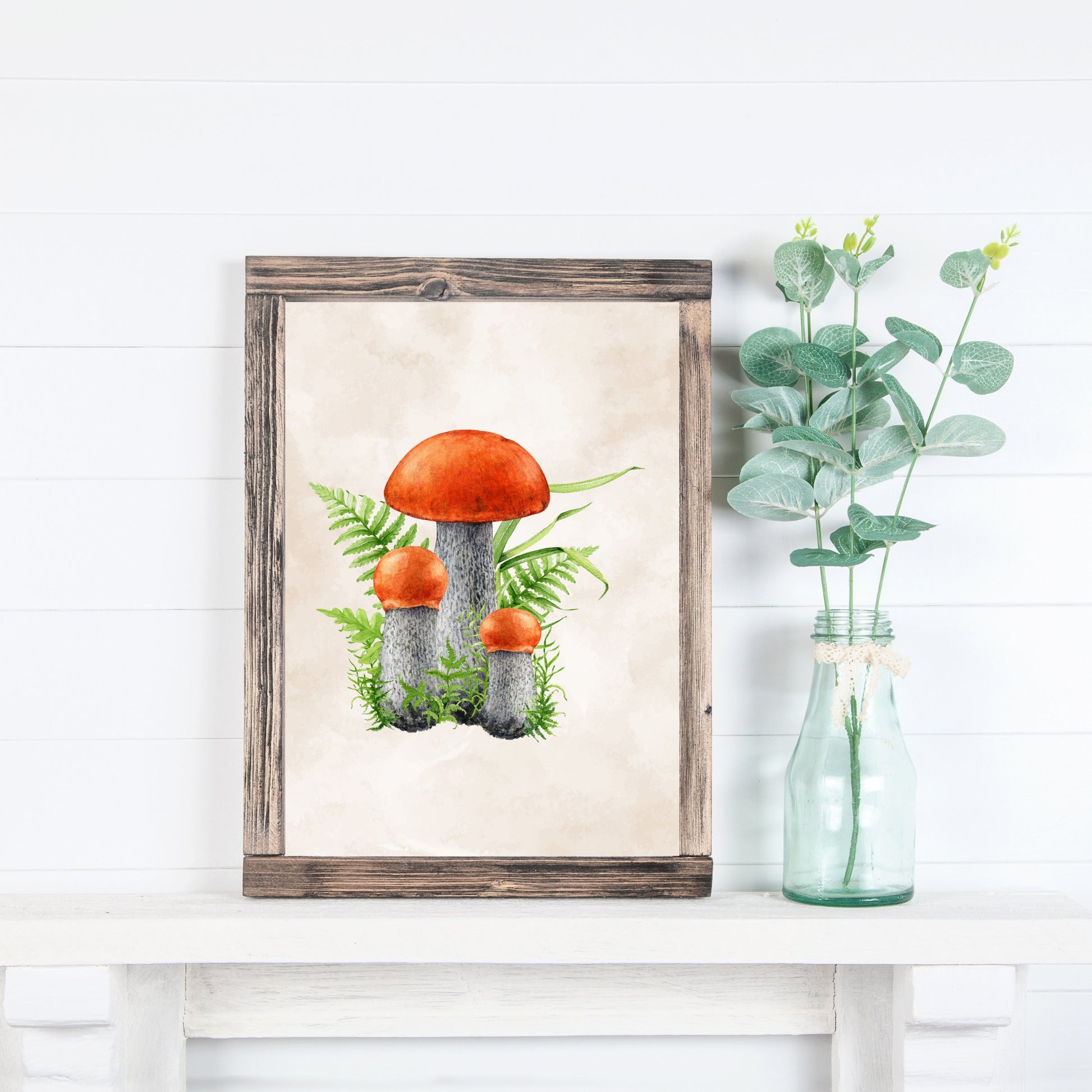 Orange Cap Mushroom Watercolor Fine Art Print showcases vibrant mushrooms with lush greenery, perfect for home decor.