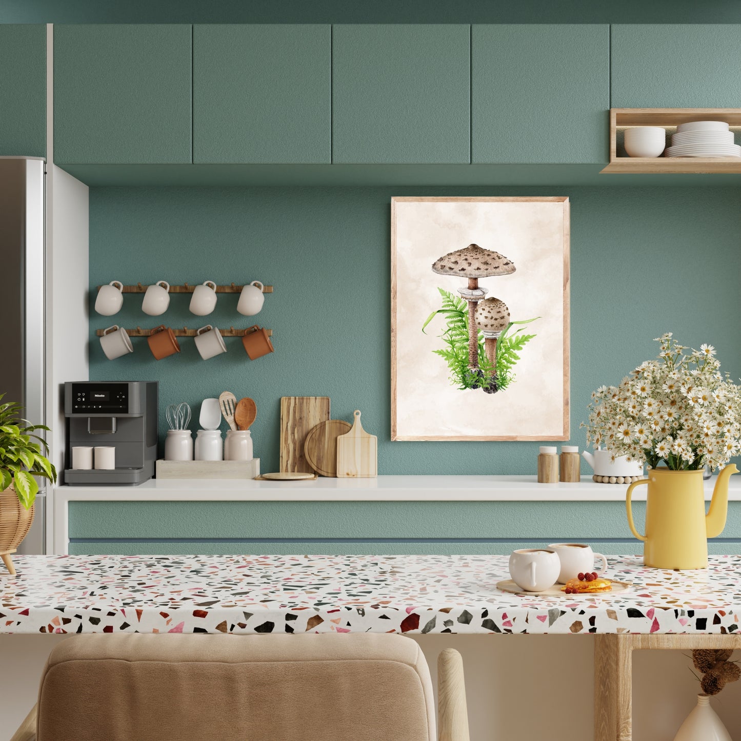 Parasol Mushrooms Watercolor Fine Art Print displayed in a stylish kitchen, showcasing its elegant design and texture.